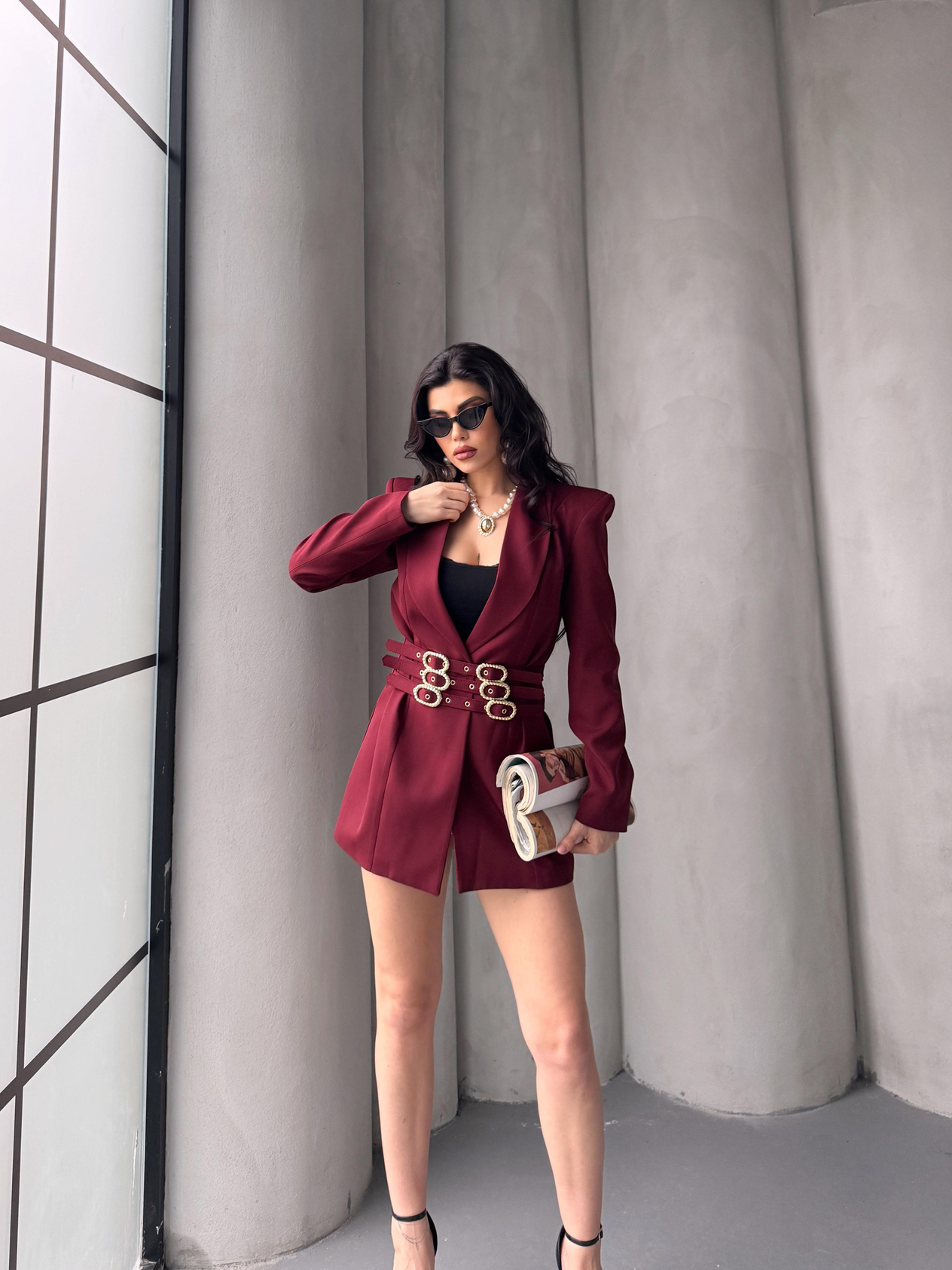 Bordo Beli Kemerli Ceket