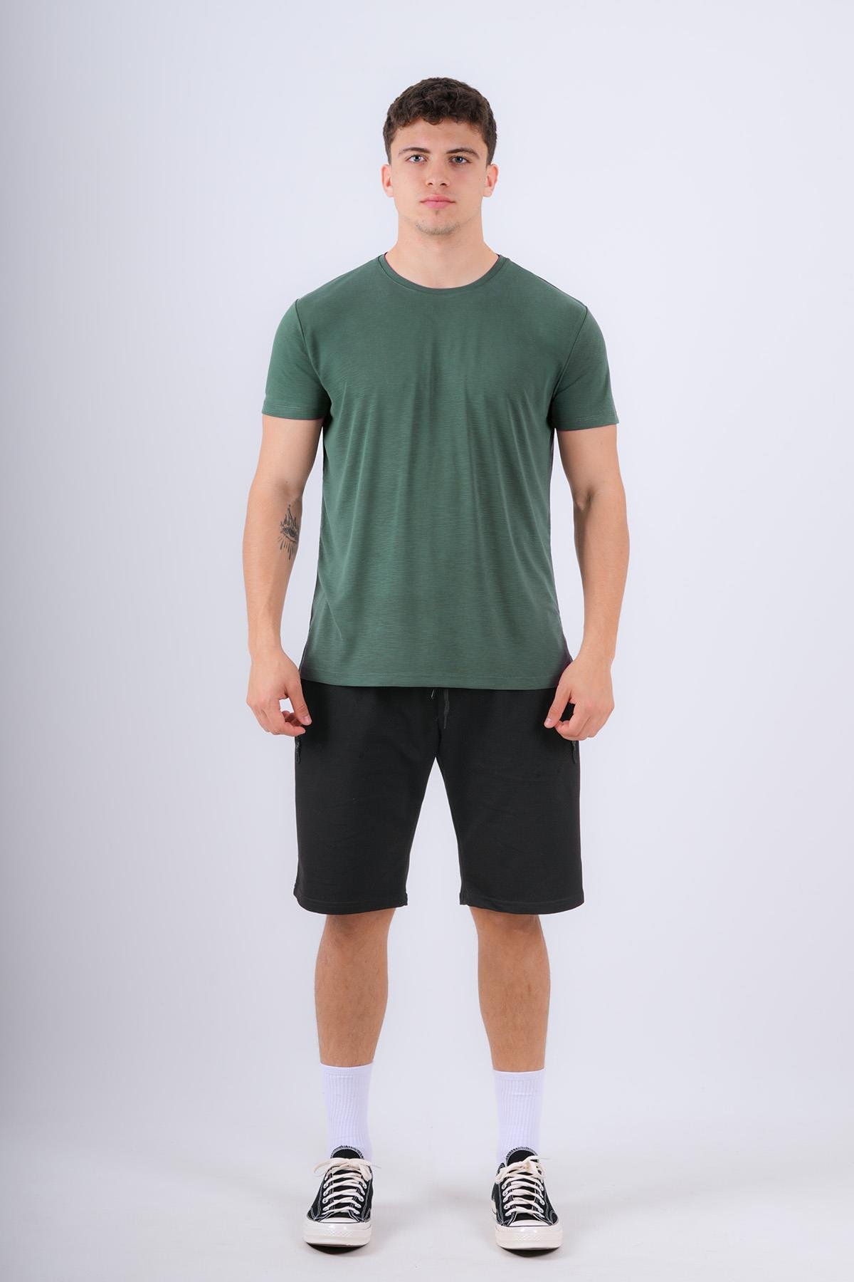 Bisiklet Yaka Modal Flamlı Düz T-Shirt Haki