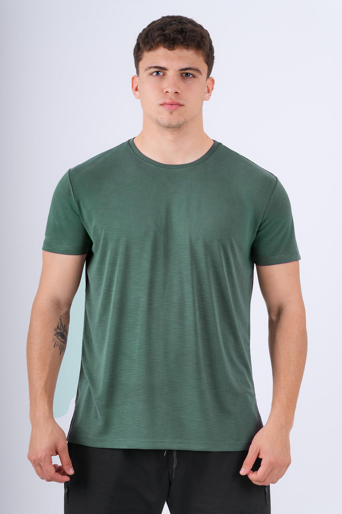 Bisiklet Yaka Modal Flamlı Düz T-Shirt Haki