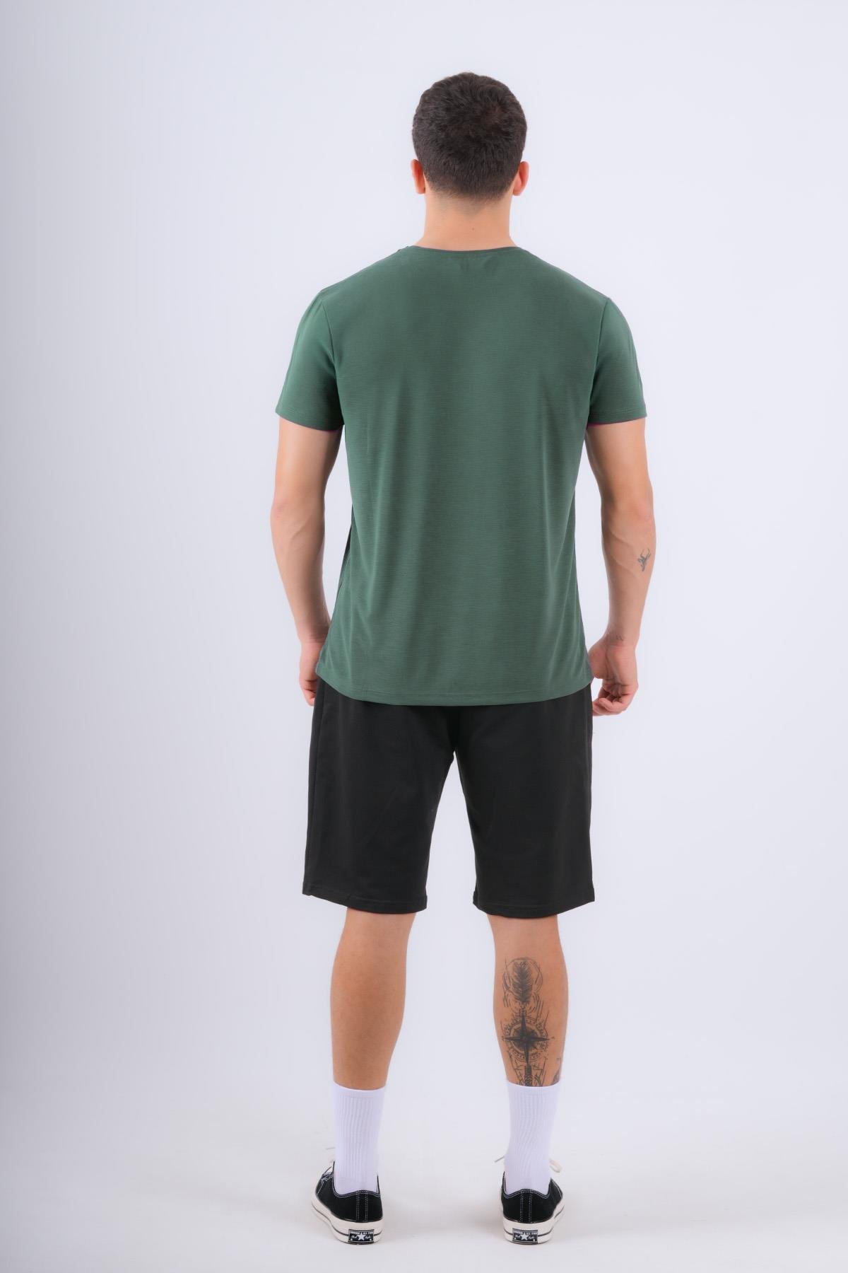 Bisiklet Yaka Modal Flamlı Düz T-Shirt Haki