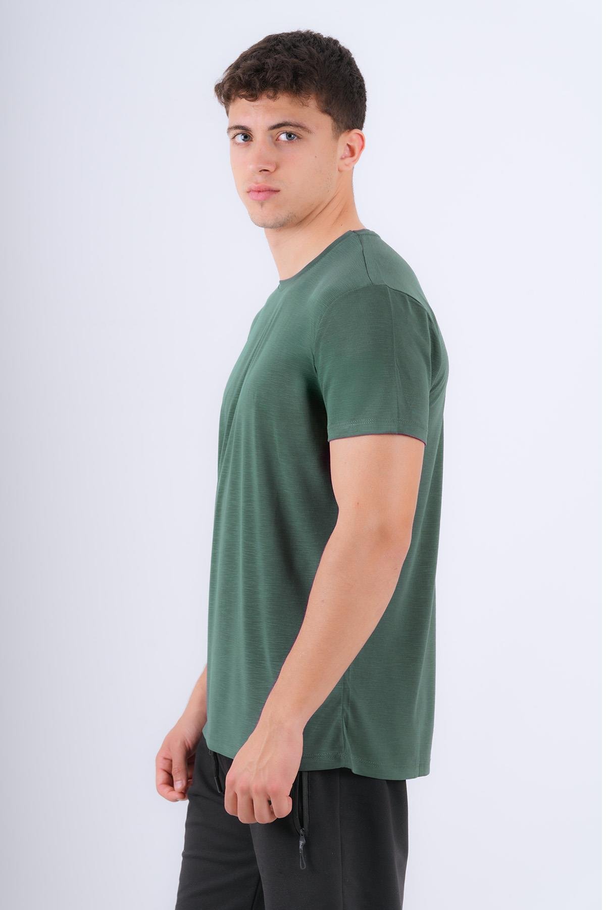 Bisiklet Yaka Modal Flamlı Düz T-Shirt Haki