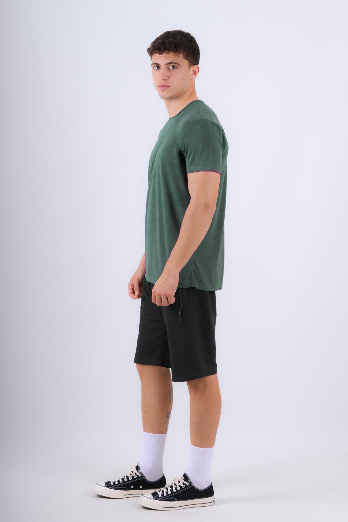 Bisiklet Yaka Modal Flamlı Düz T-Shirt Haki