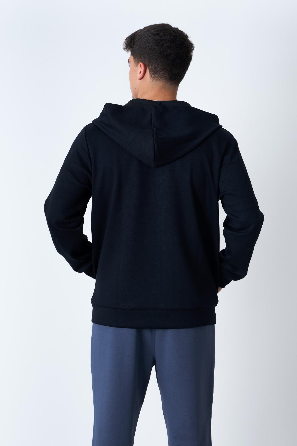 Kapşonlu Fermuarlı Siyah Sweat