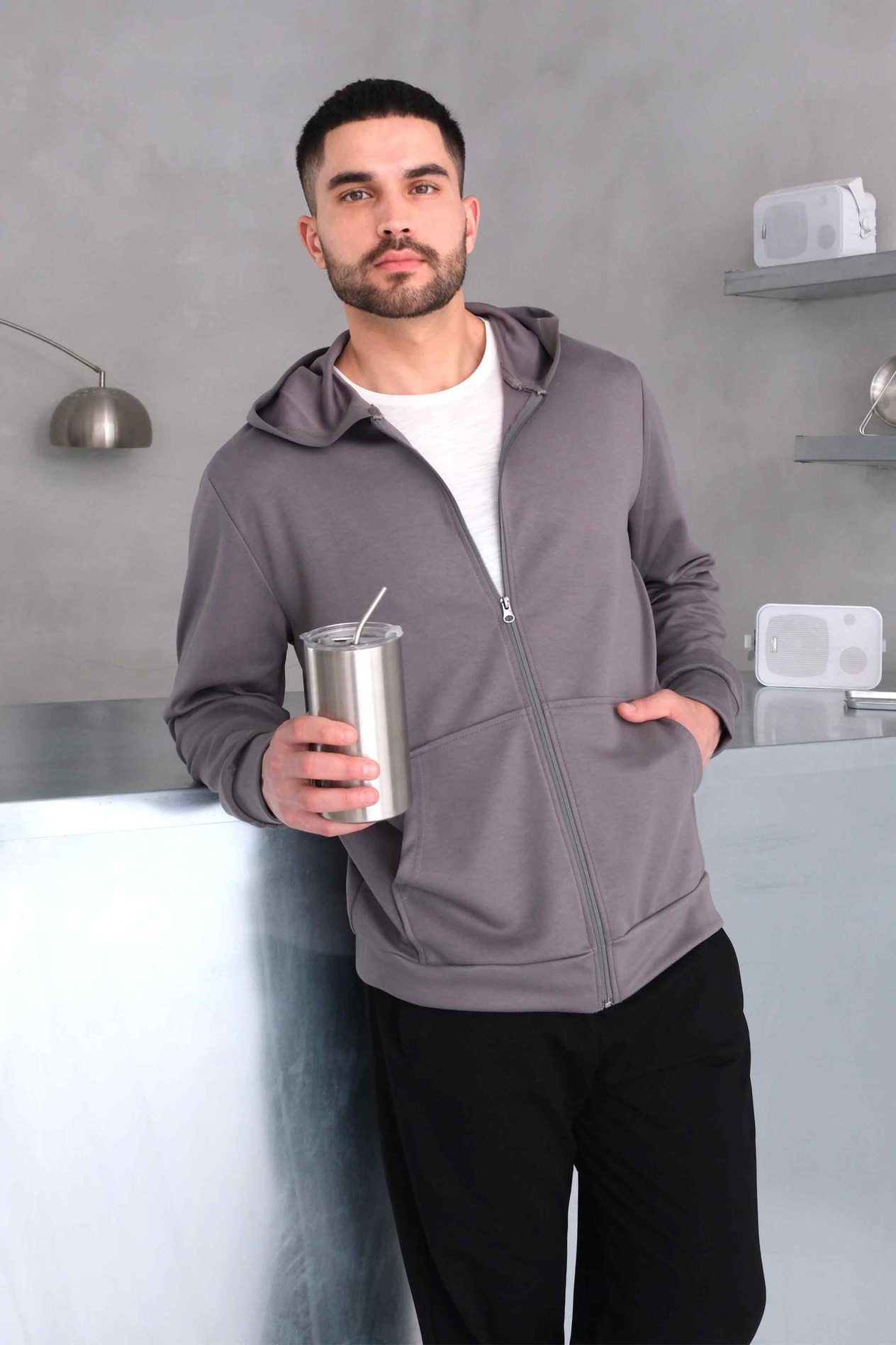 Kapüşonlu Fermuarlı Kanguru Cepli Modal Sweat Gri