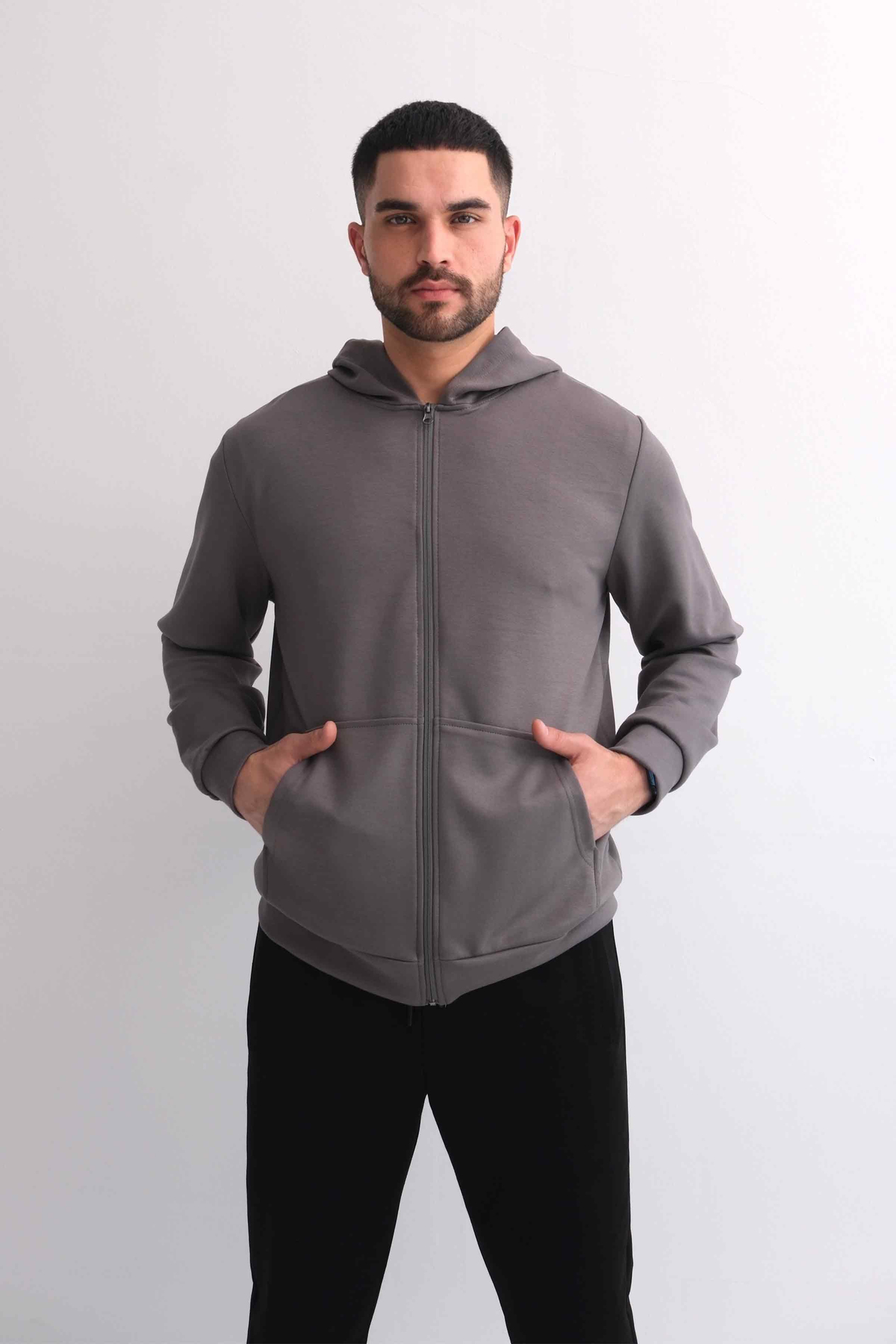 Kapüşonlu Fermuarlı Kanguru Cepli Modal Sweat Gri