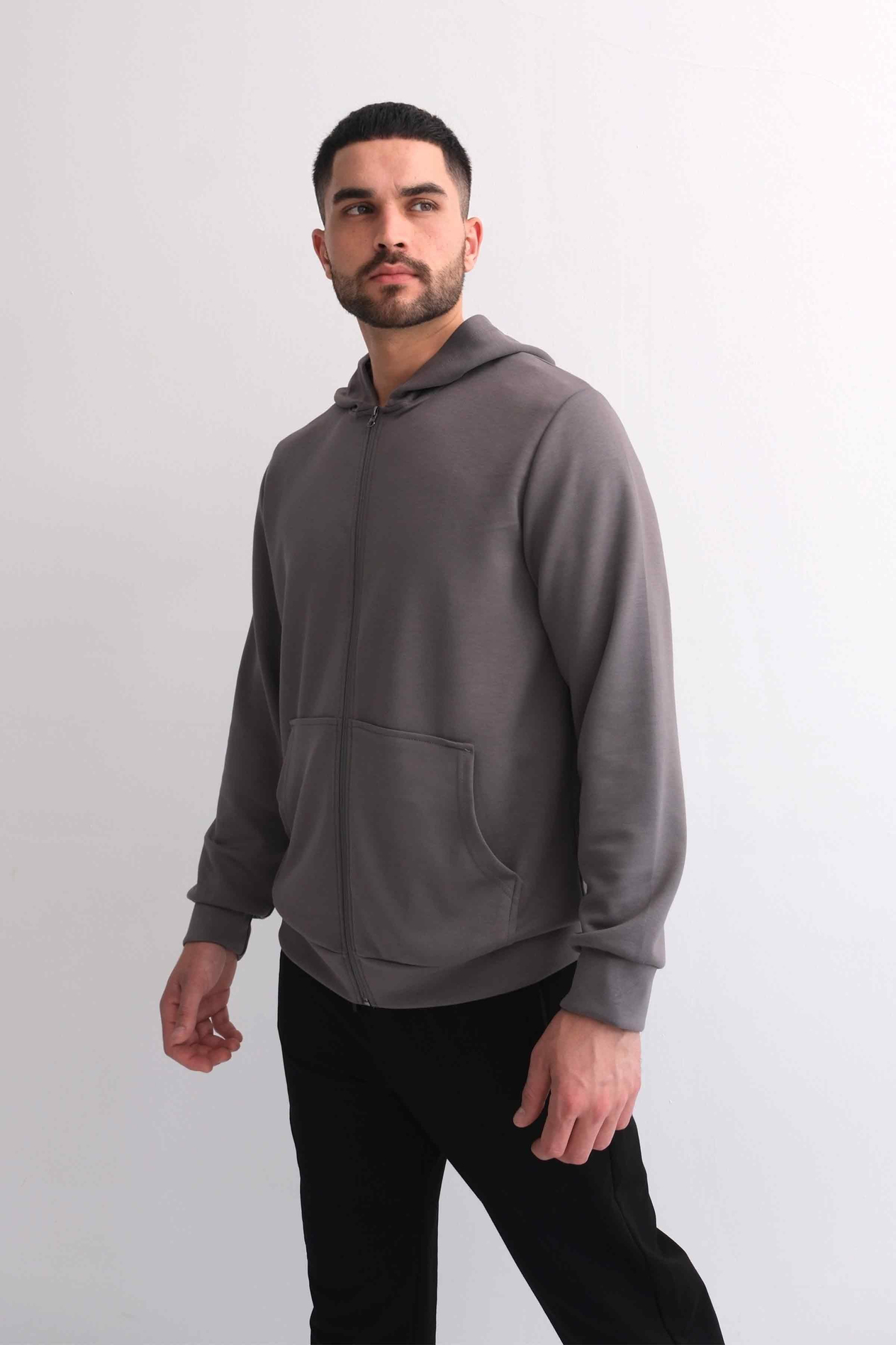 Kapüşonlu Fermuarlı Kanguru Cepli Modal Sweat Gri