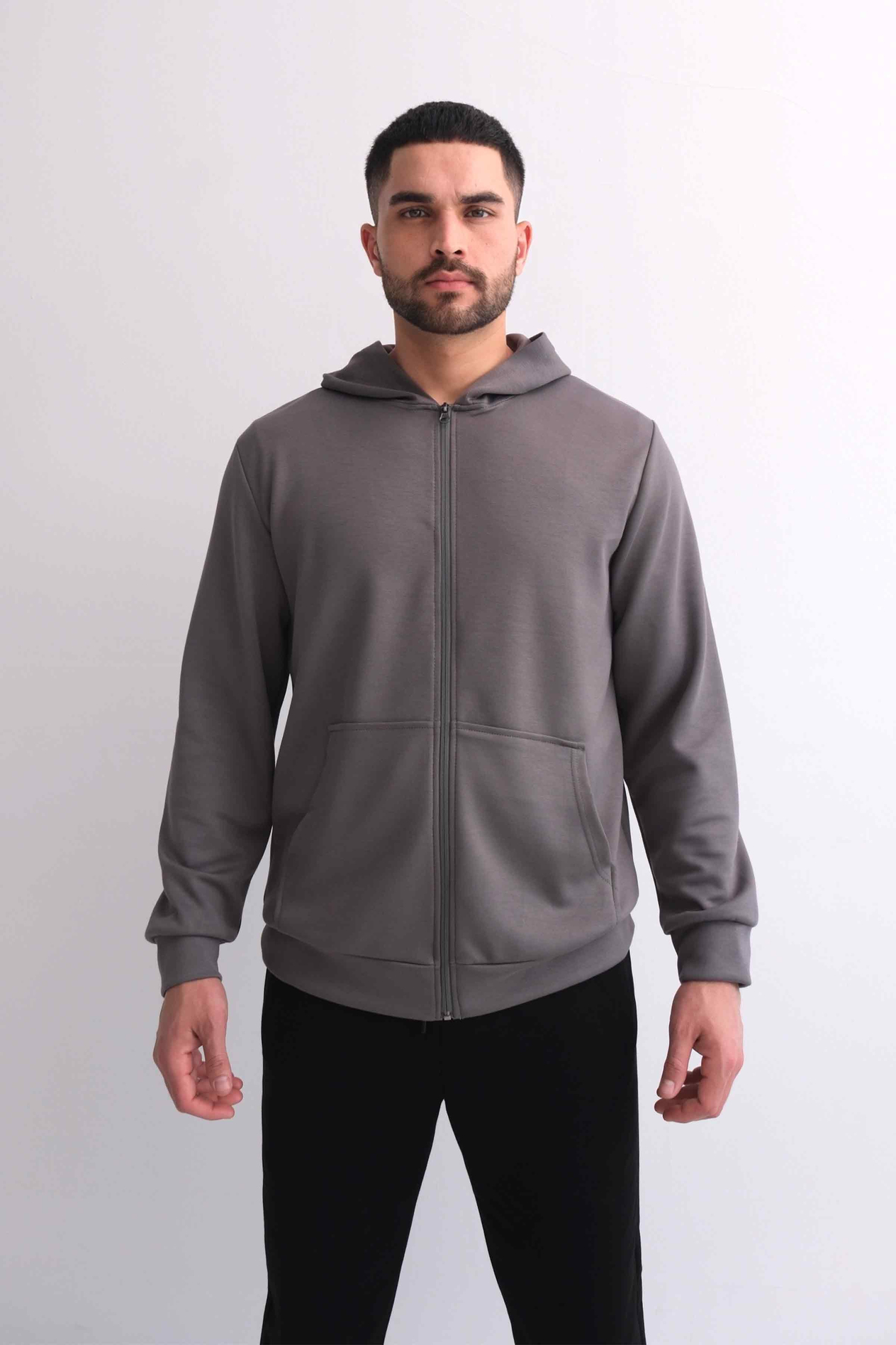 Kapüşonlu Fermuarlı Kanguru Cepli Modal Sweat Gri