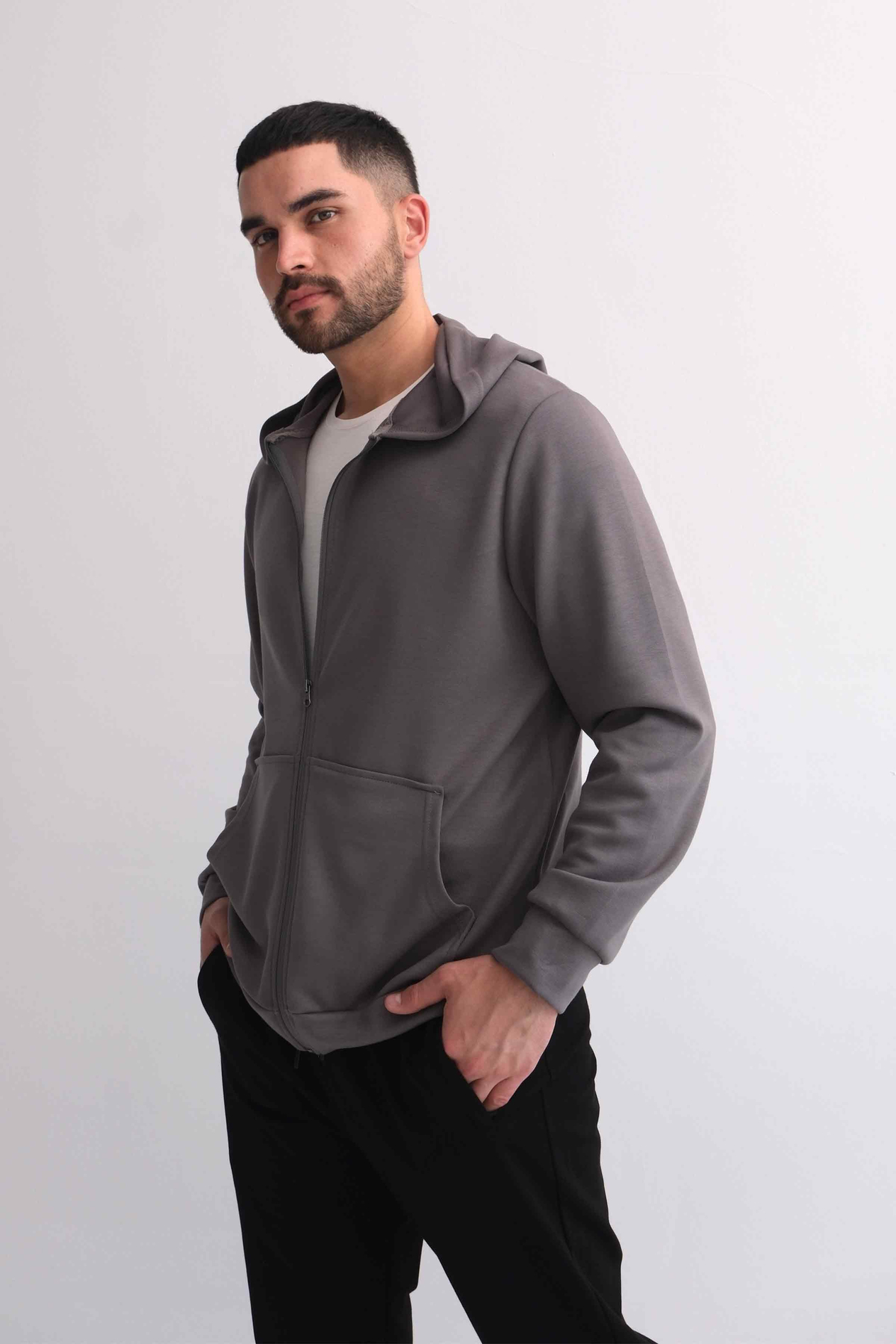 Kapüşonlu Fermuarlı Kanguru Cepli Modal Sweat Gri