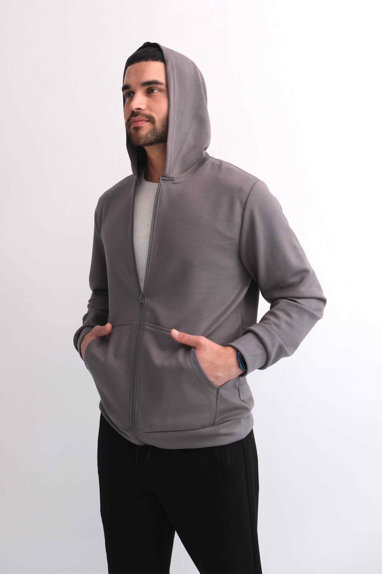 Kapüşonlu Fermuarlı Kanguru Cepli Modal Sweat Gri