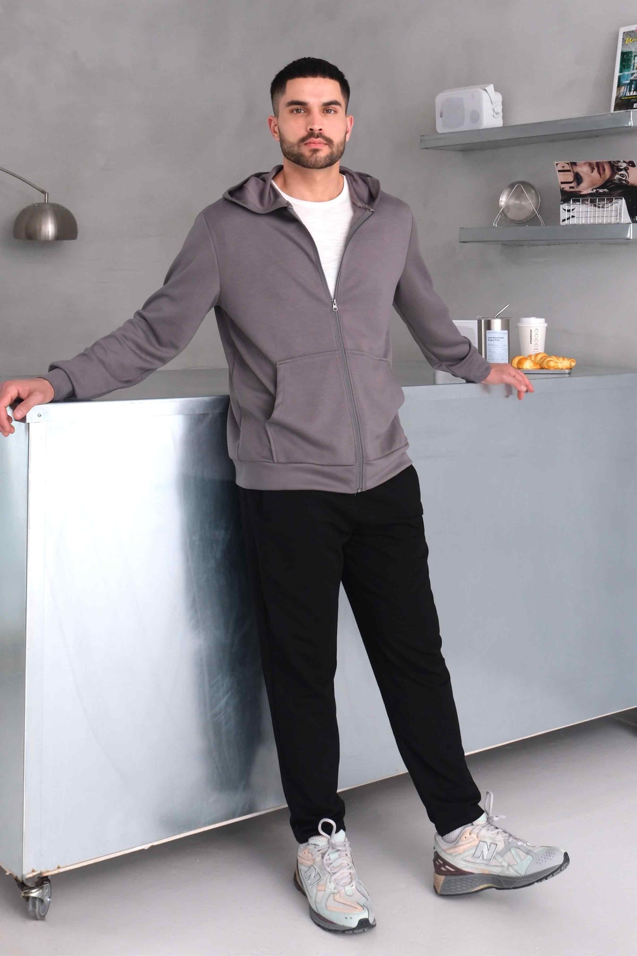 Kapüşonlu Fermuarlı Kanguru Cepli Modal Sweat Gri