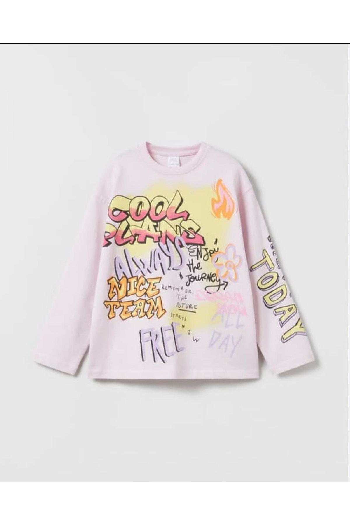 Grafiti Baskılı %100 Pamuk Kız Çocuk Uzun Kollu Tshirt