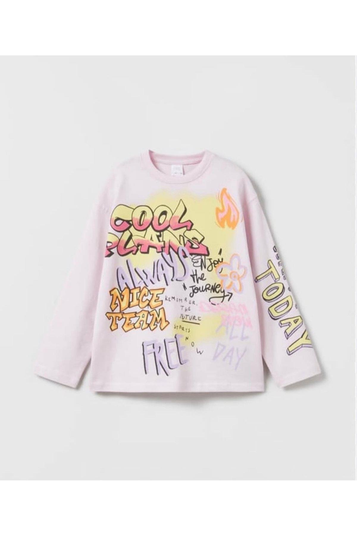 Grafiti Baskılı %100 Pamuk Kız Çocuk Uzun Kollu Tshirt