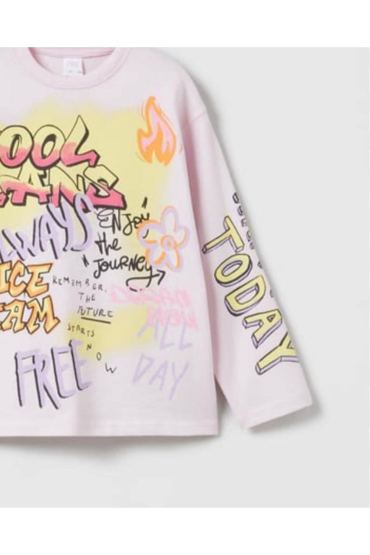 Grafiti Baskılı %100 Pamuk Kız Çocuk Uzun Kollu Tshirt