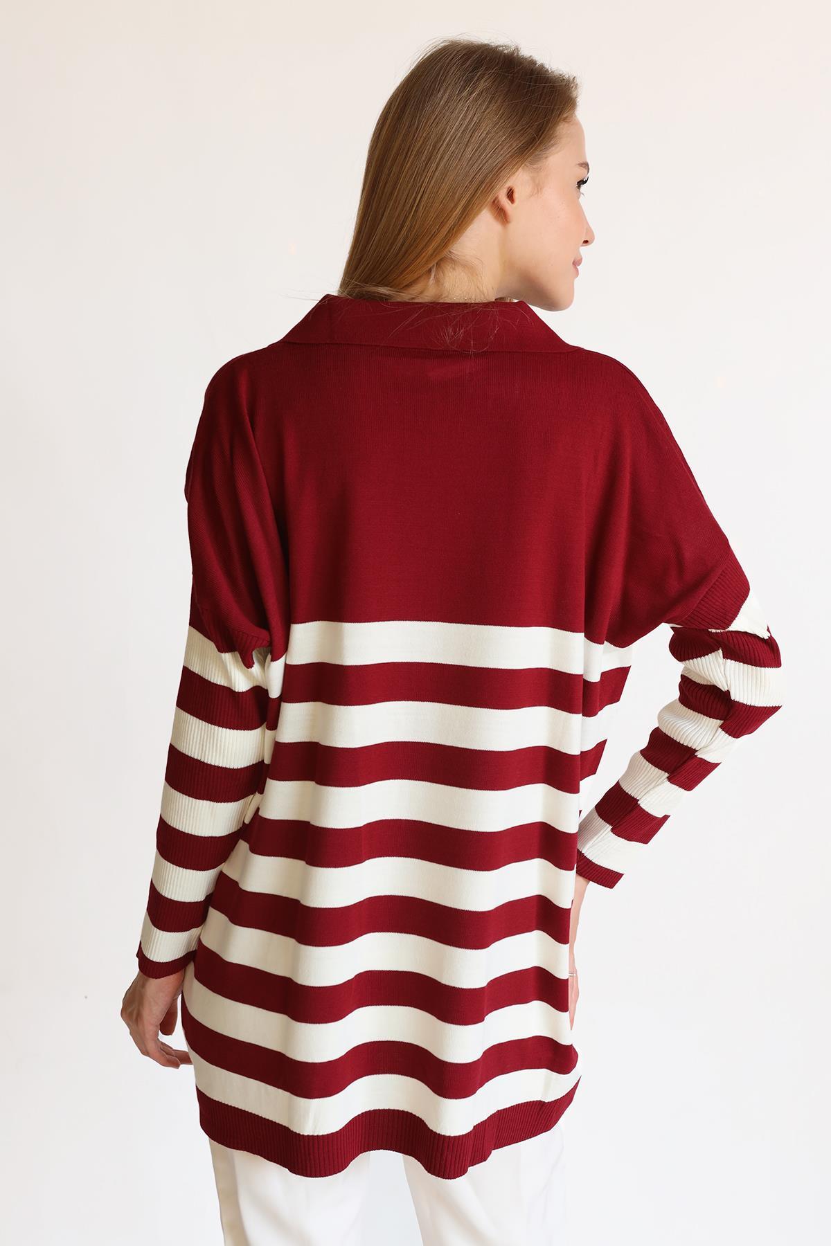 5340 Polo Yaka Çizgili Tunik Bordo
