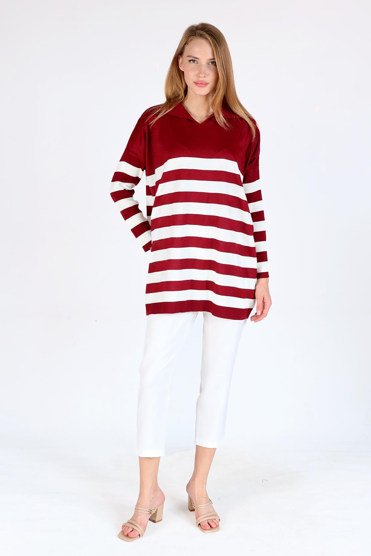 5340 Polo Yaka Çizgili Tunik Bordo