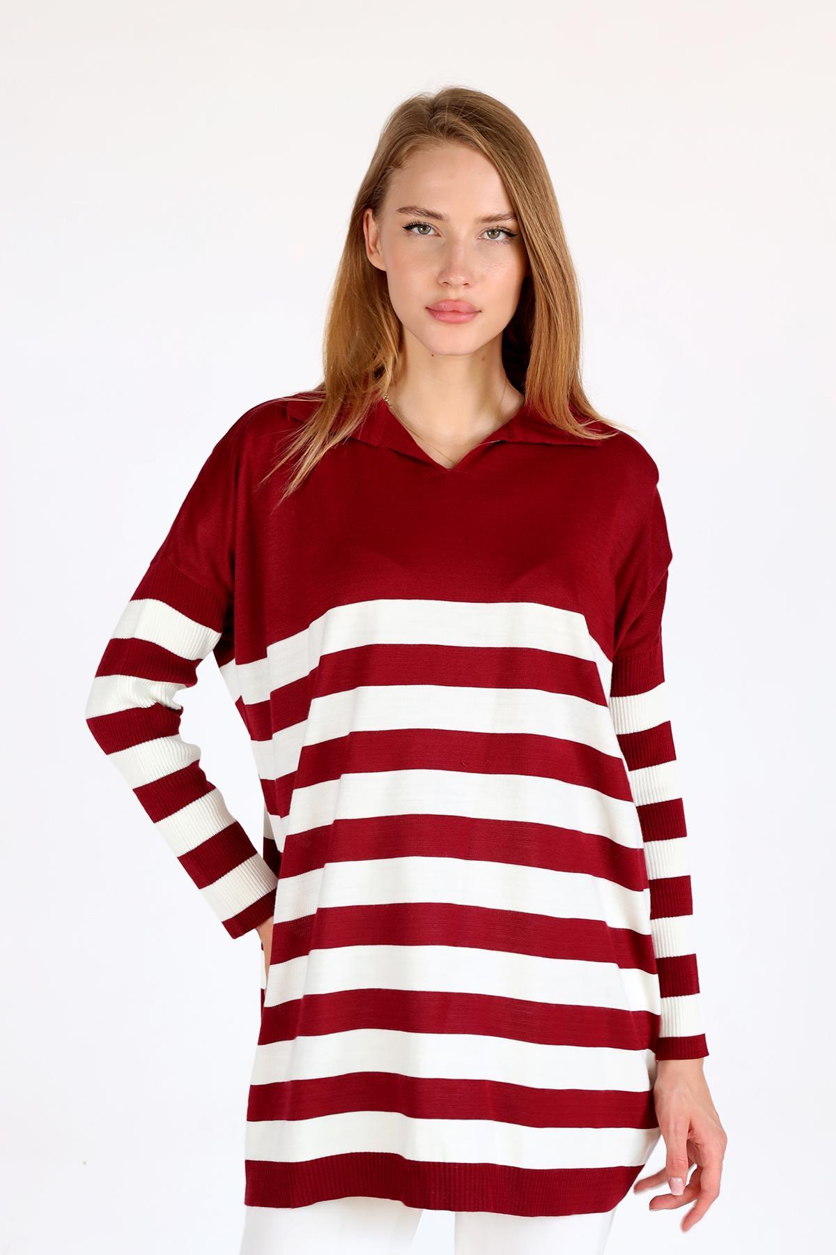 5340 Polo Yaka Çizgili Tunik Bordo