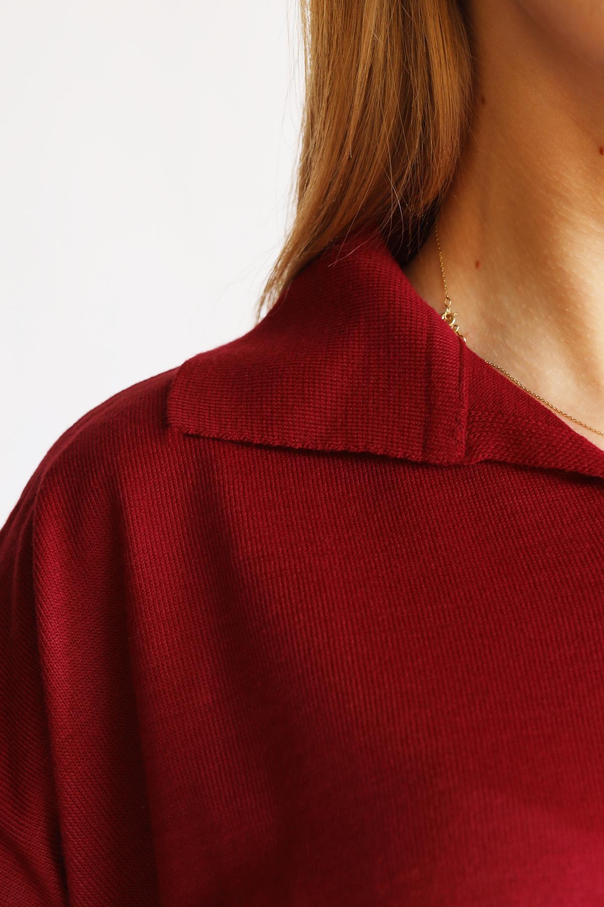 5340 Polo Yaka Çizgili Tunik Bordo
