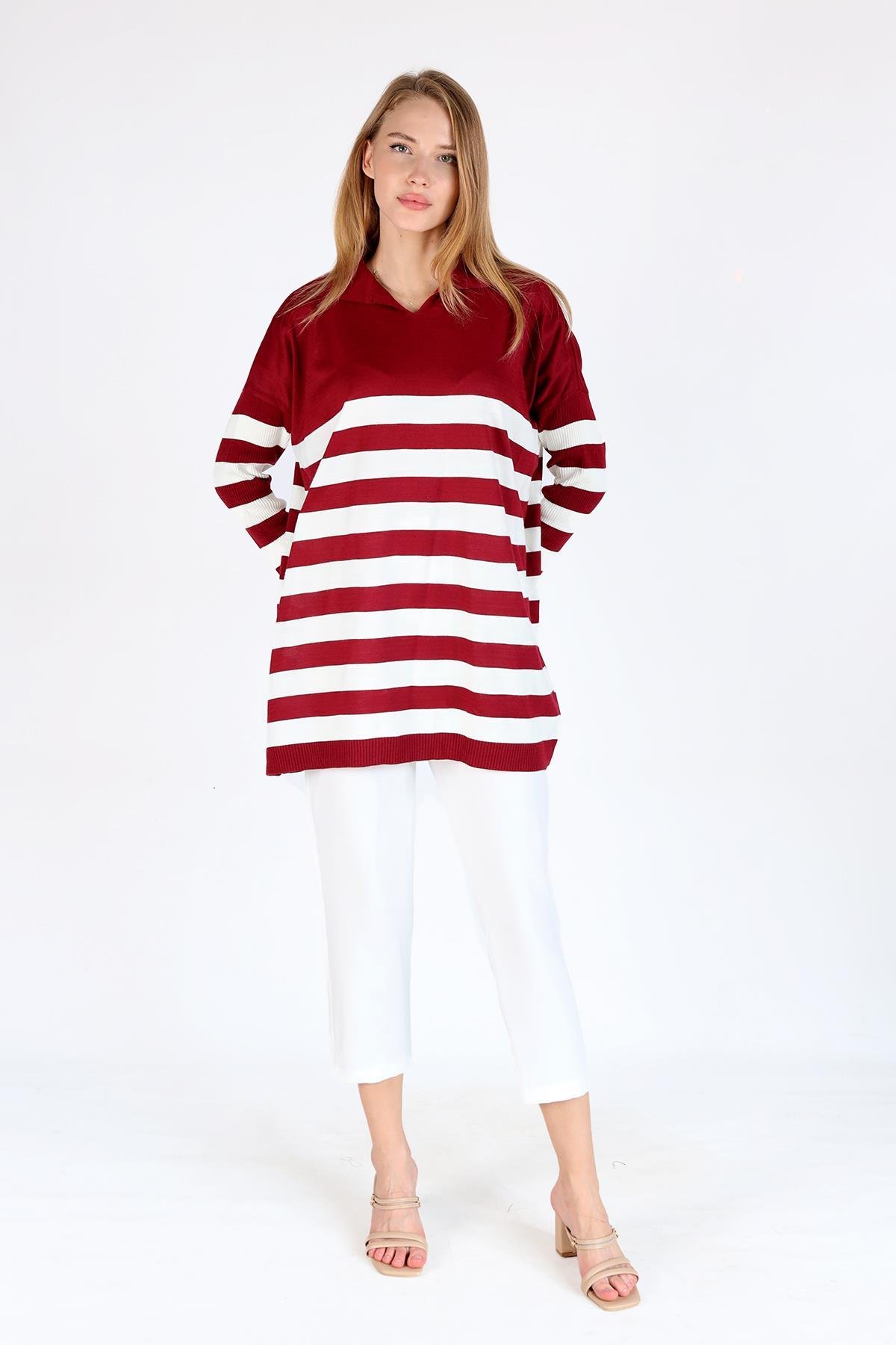5340 Polo Yaka Çizgili Tunik Bordo