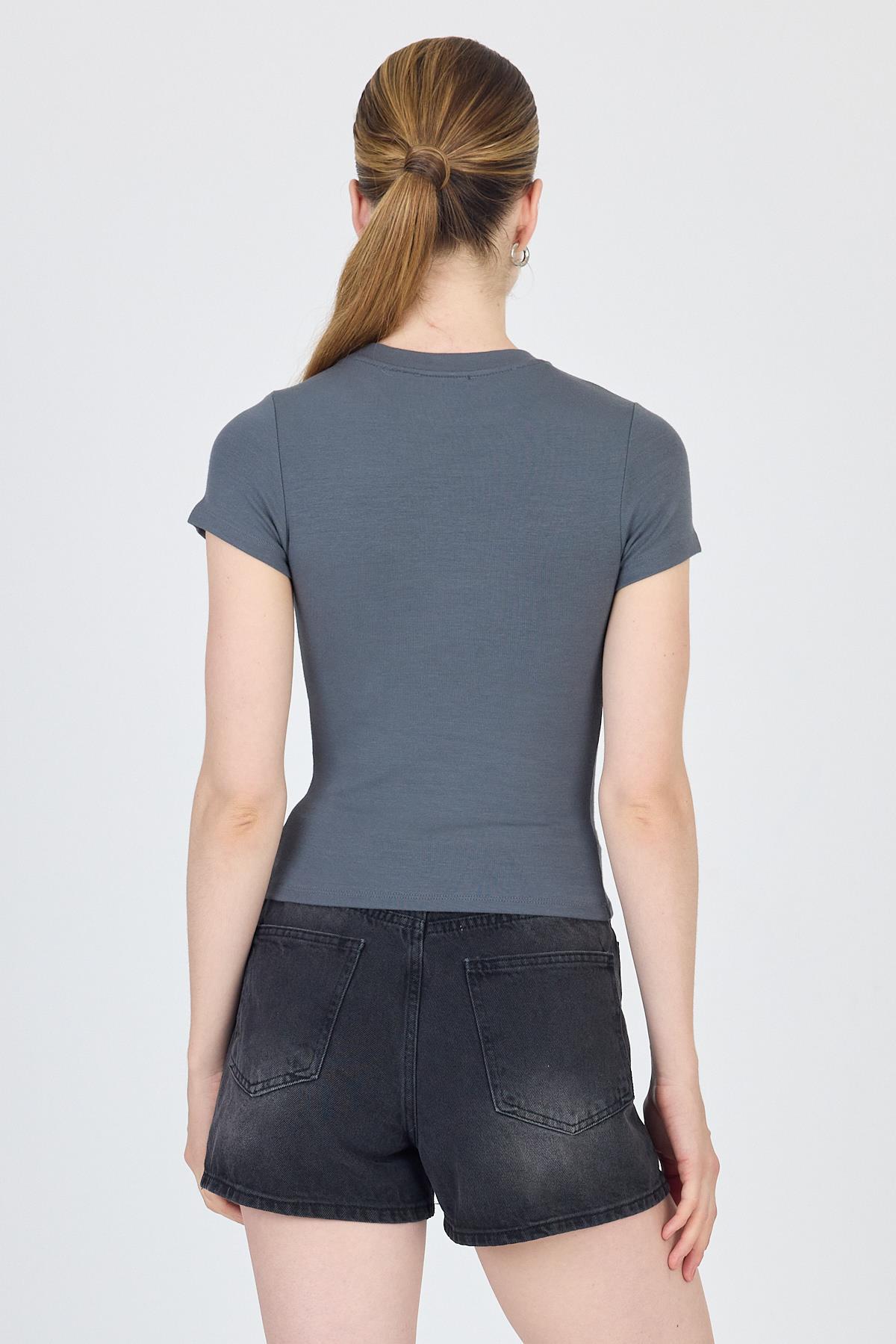 Antrasit Bisiklet Yaka Viskoz/Yumuşak Kumaş Slim Fit Tişört 1468