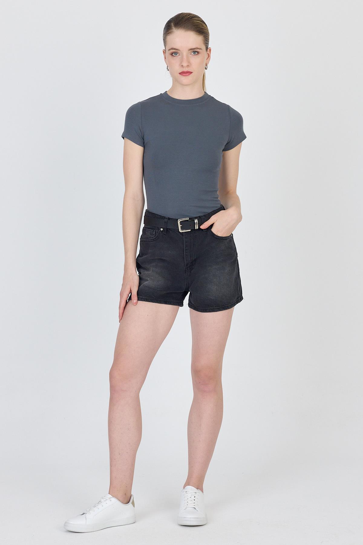 Antrasit Bisiklet Yaka Viskoz/Yumuşak Kumaş Slim Fit Tişört 1468