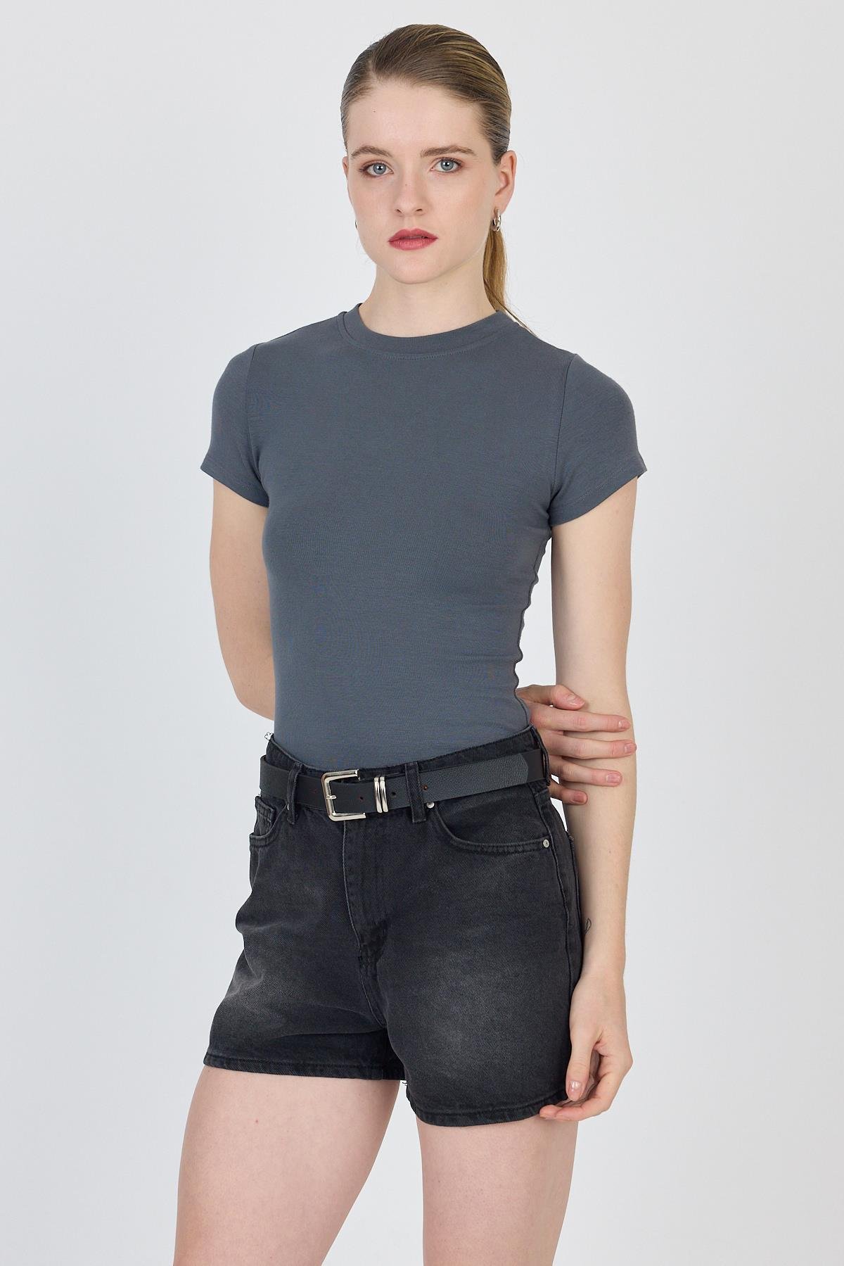 Antrasit Bisiklet Yaka Viskoz/Yumuşak Kumaş Slim Fit Tişört 1468