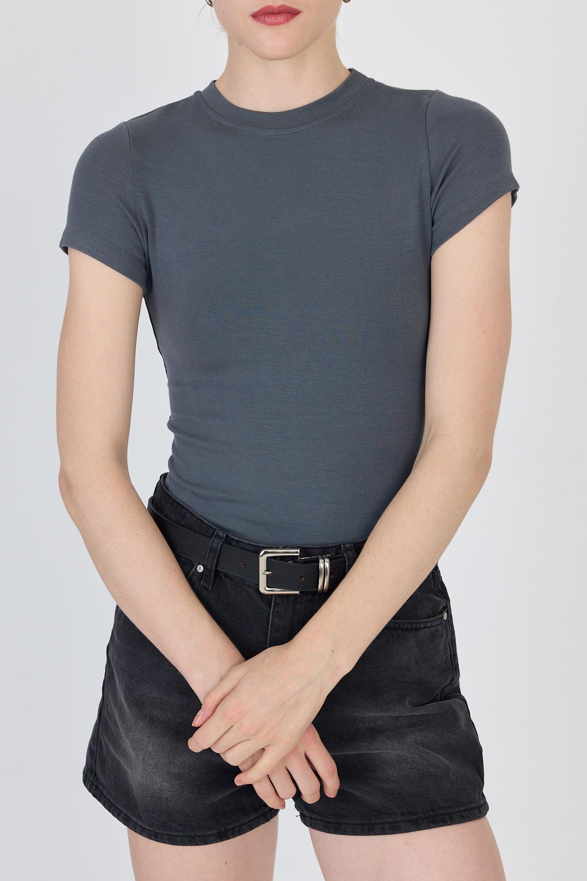 Antrasit Bisiklet Yaka Viskoz/Yumuşak Kumaş Slim Fit Tişört 1468