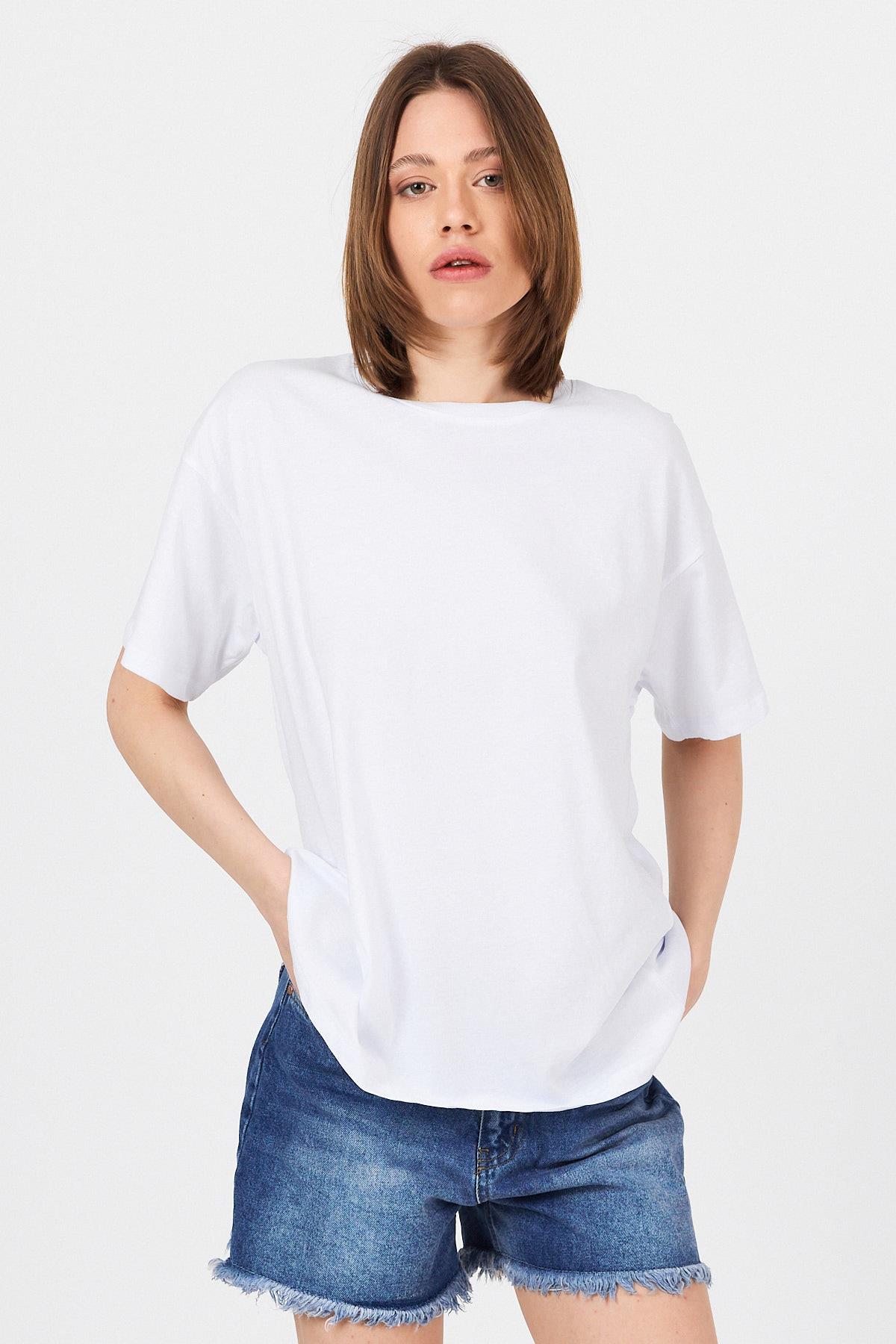 Beyaz Omuz Yazı Baskılı %100 Pamuk Oversize Tişört 2150-30M