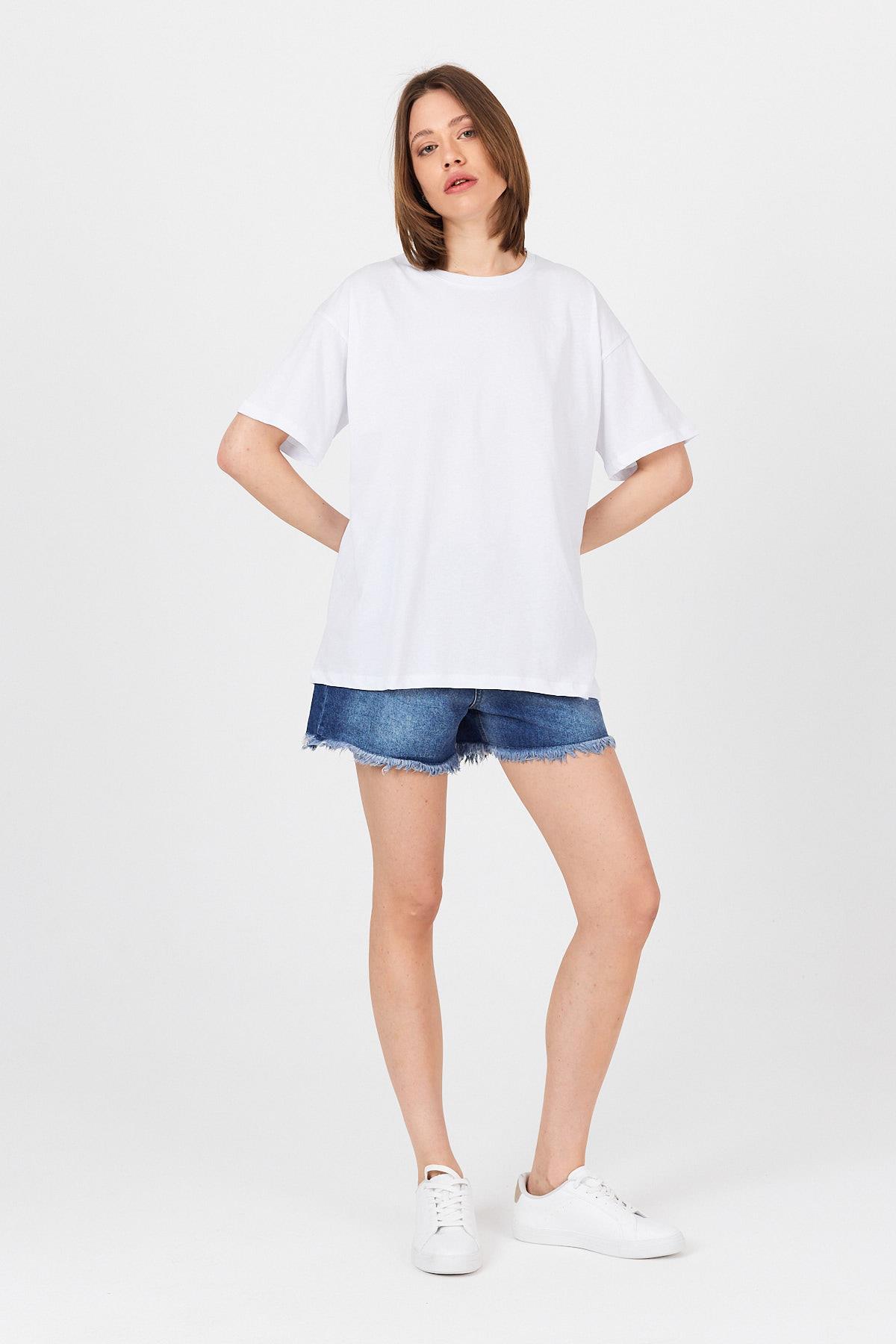 Beyaz Omuz Yazı Baskılı %100 Pamuk Oversize Tişört 2150-30M