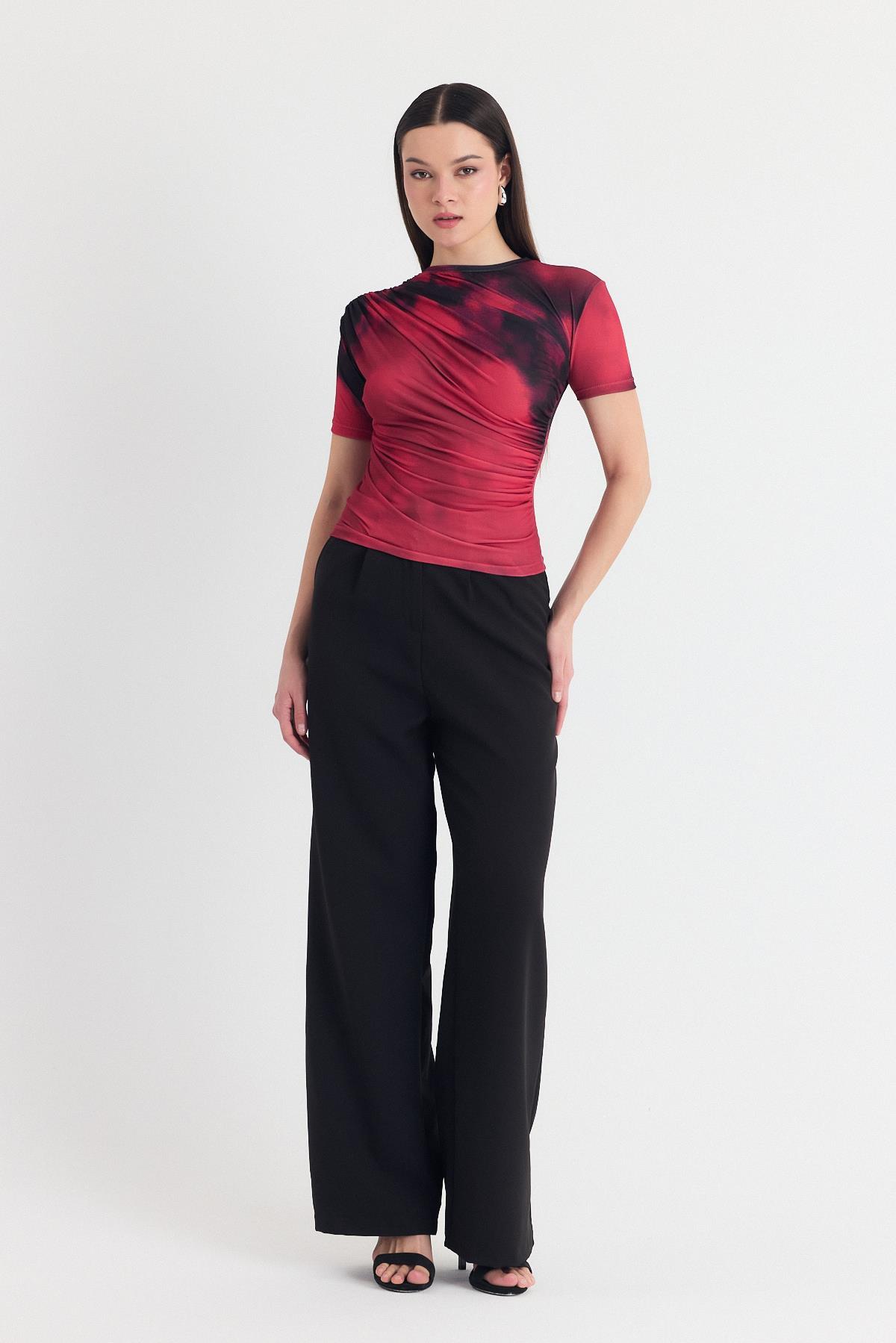 Bordo Desenli Büzgülü Sandy Bluz 12303