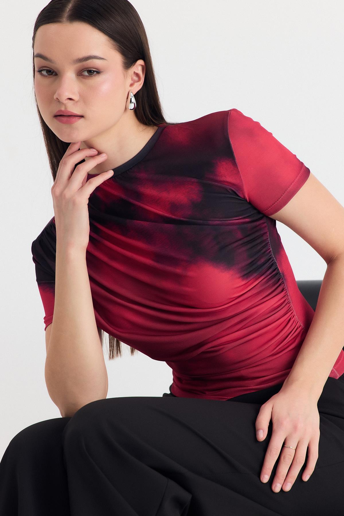 Bordo Desenli Büzgülü Sandy Bluz 12303