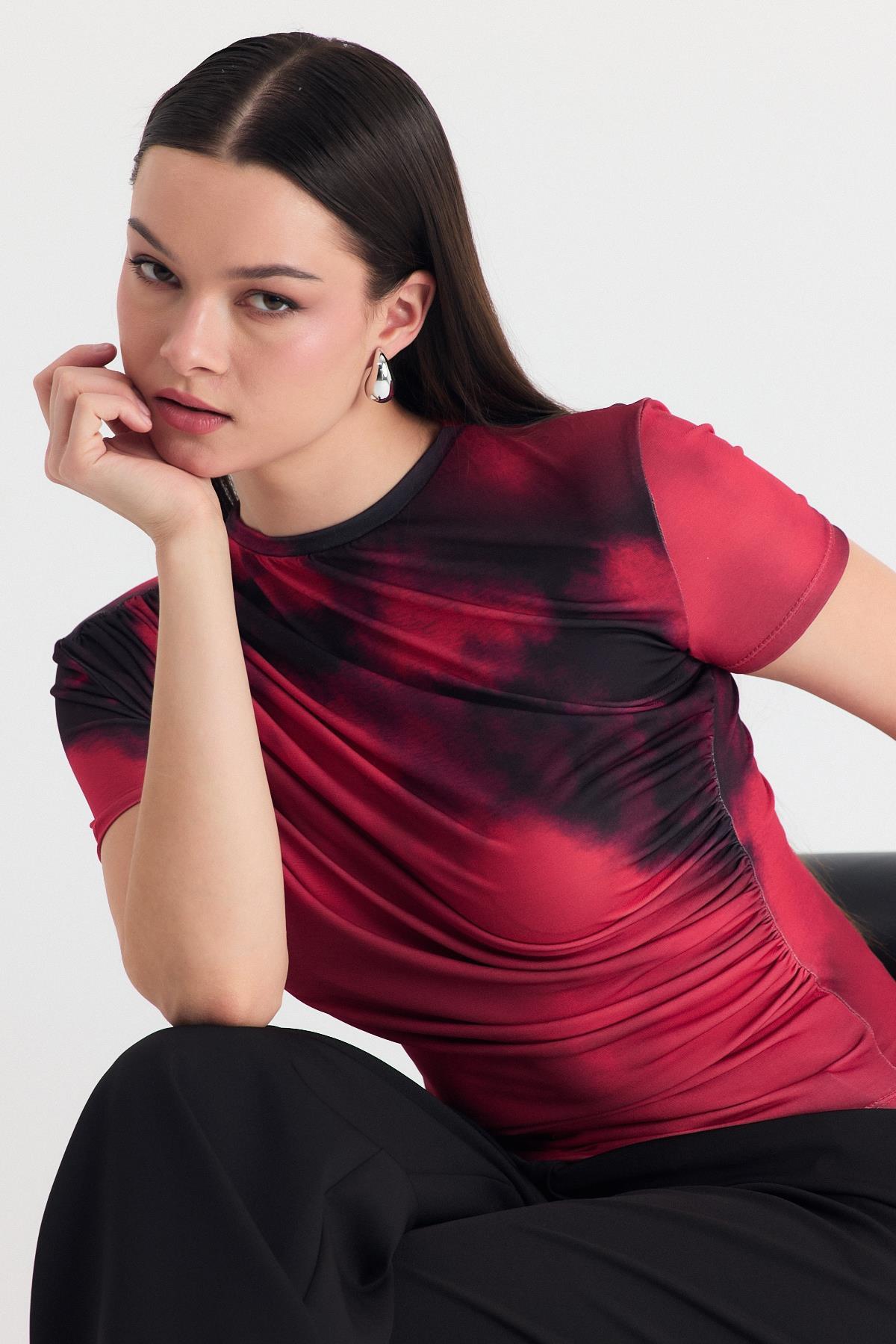 Bordo Desenli Büzgülü Sandy Bluz 12303