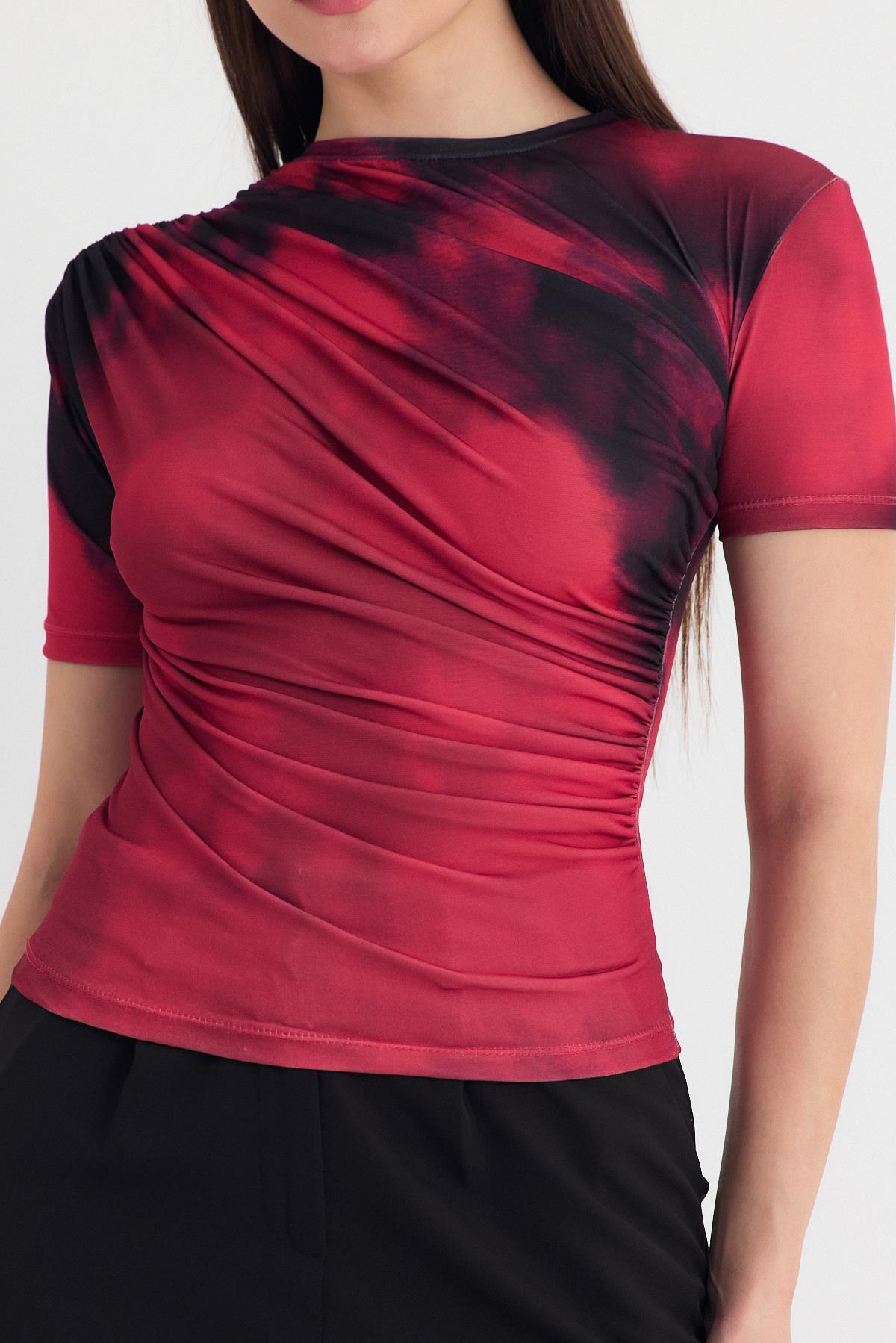 Bordo Desenli Büzgülü Sandy Bluz 12303