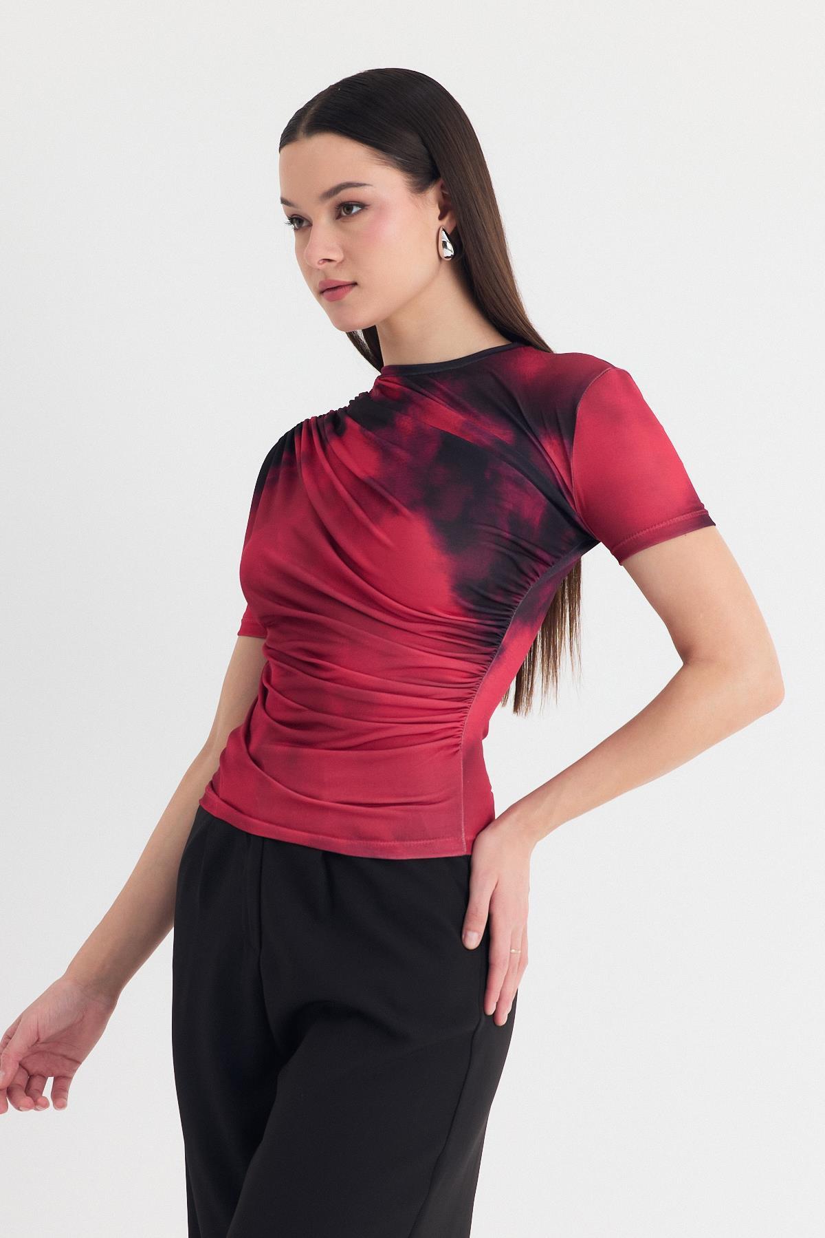 Bordo Desenli Büzgülü Sandy Bluz 12303