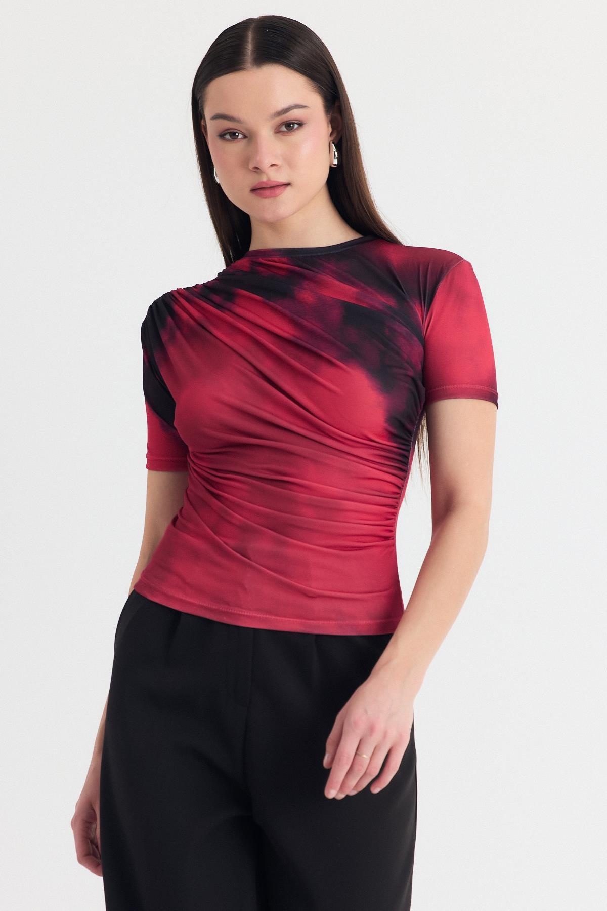 Bordo Desenli Büzgülü Sandy Bluz 12303
