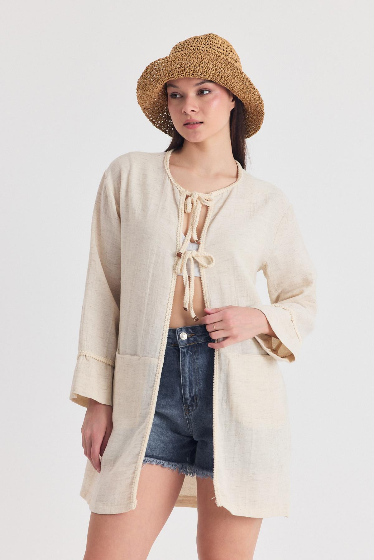 Natural Yaka Örgü Trim Detaylı Bağcıklı Kimono 4411A