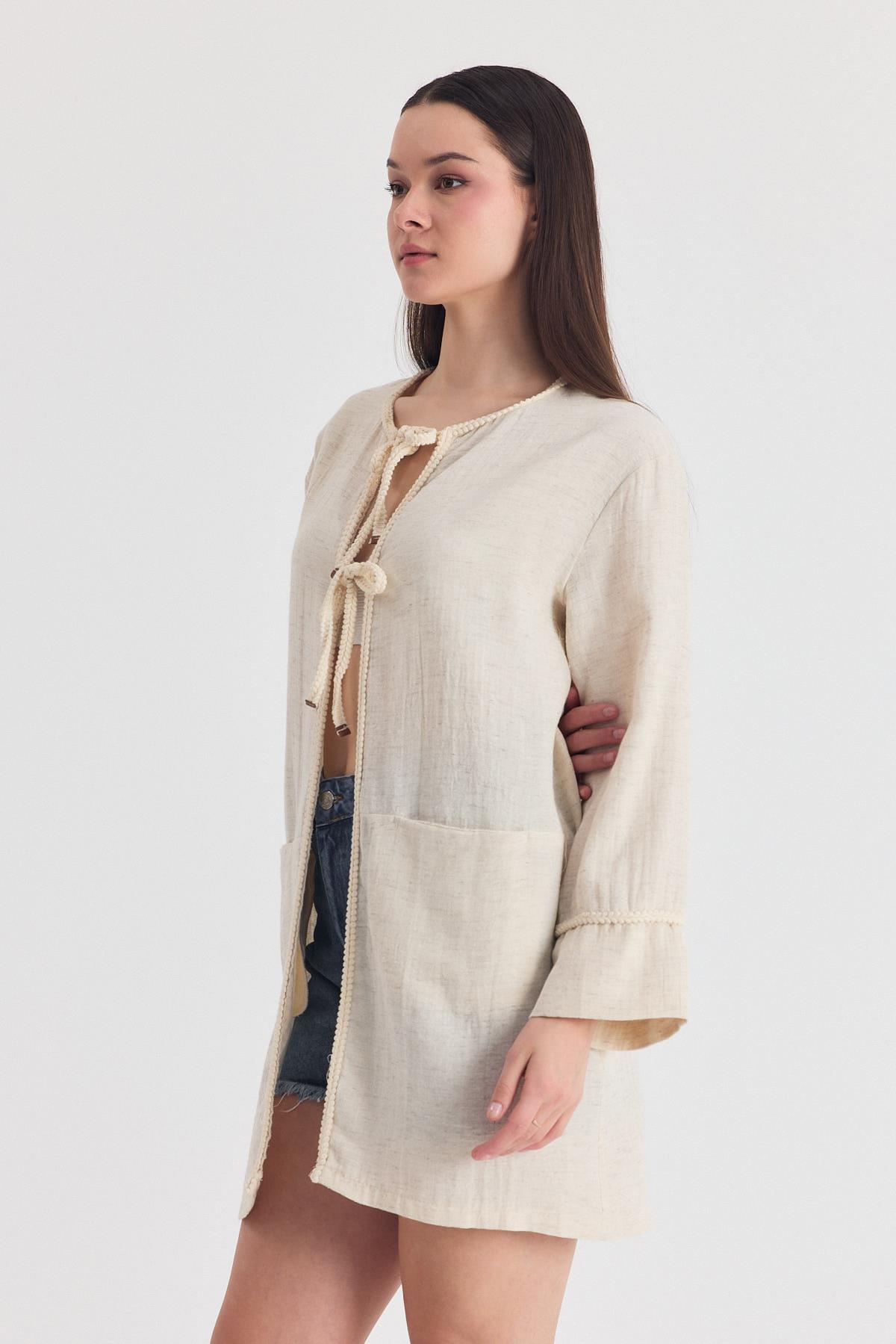 Natural Yaka Örgü Trim Detaylı Bağcıklı Kimono 4411A