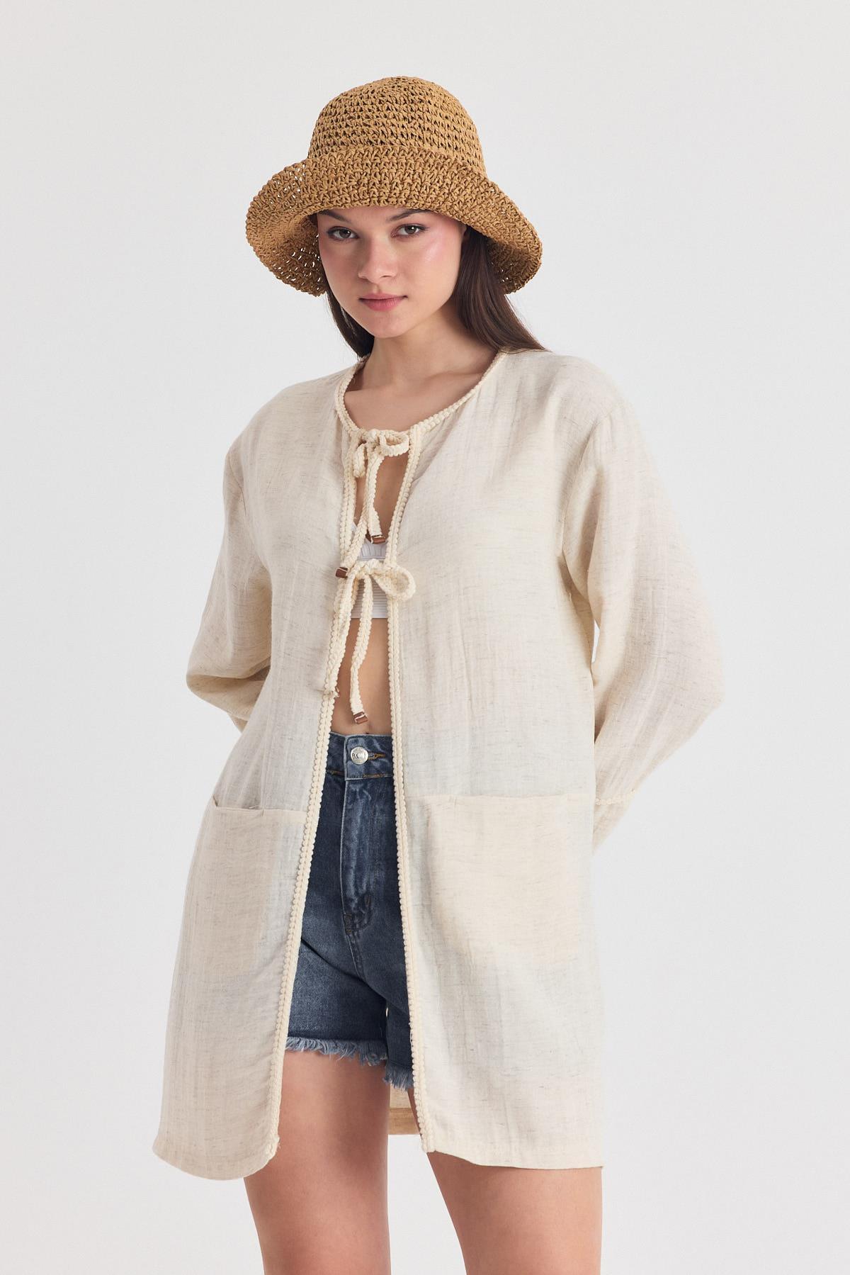 Natural Yaka Örgü Trim Detaylı Bağcıklı Kimono 4411A