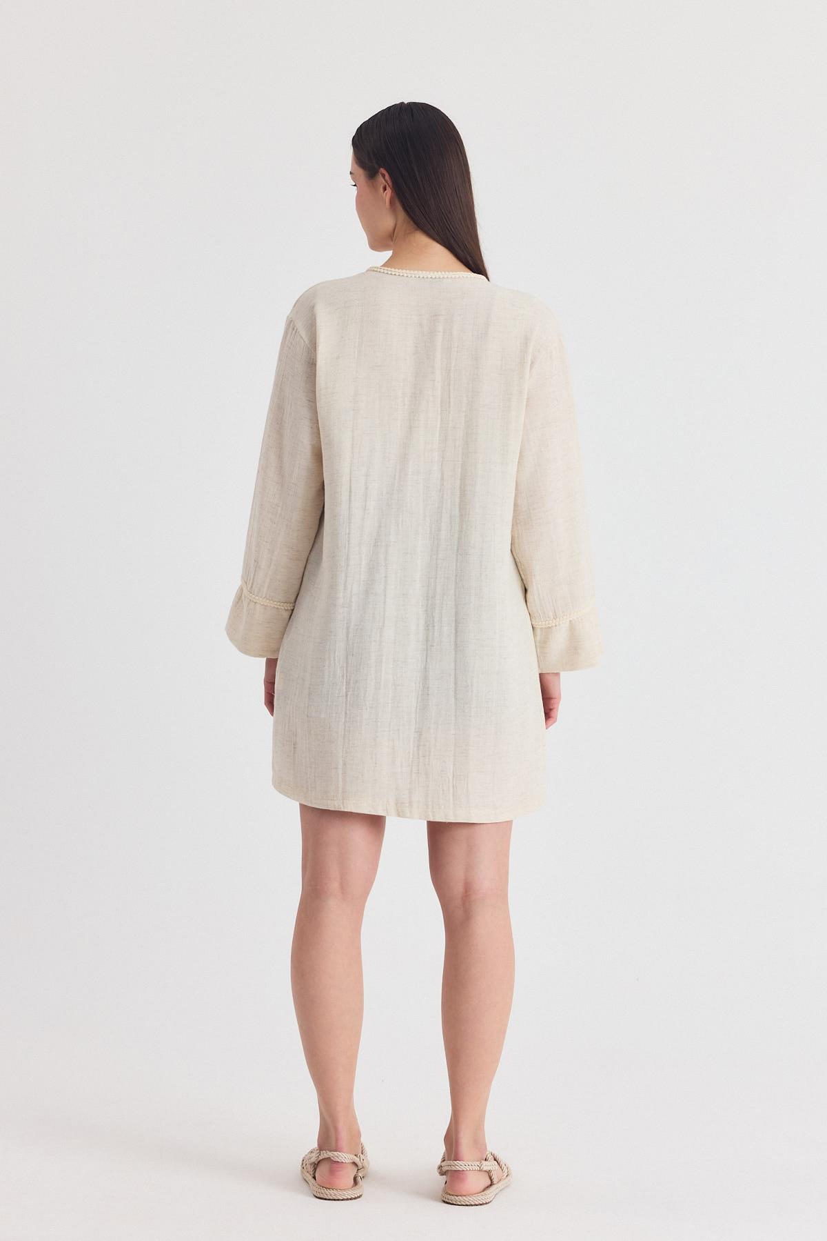 Natural Yaka Örgü Trim Detaylı Bağcıklı Kimono 4411A