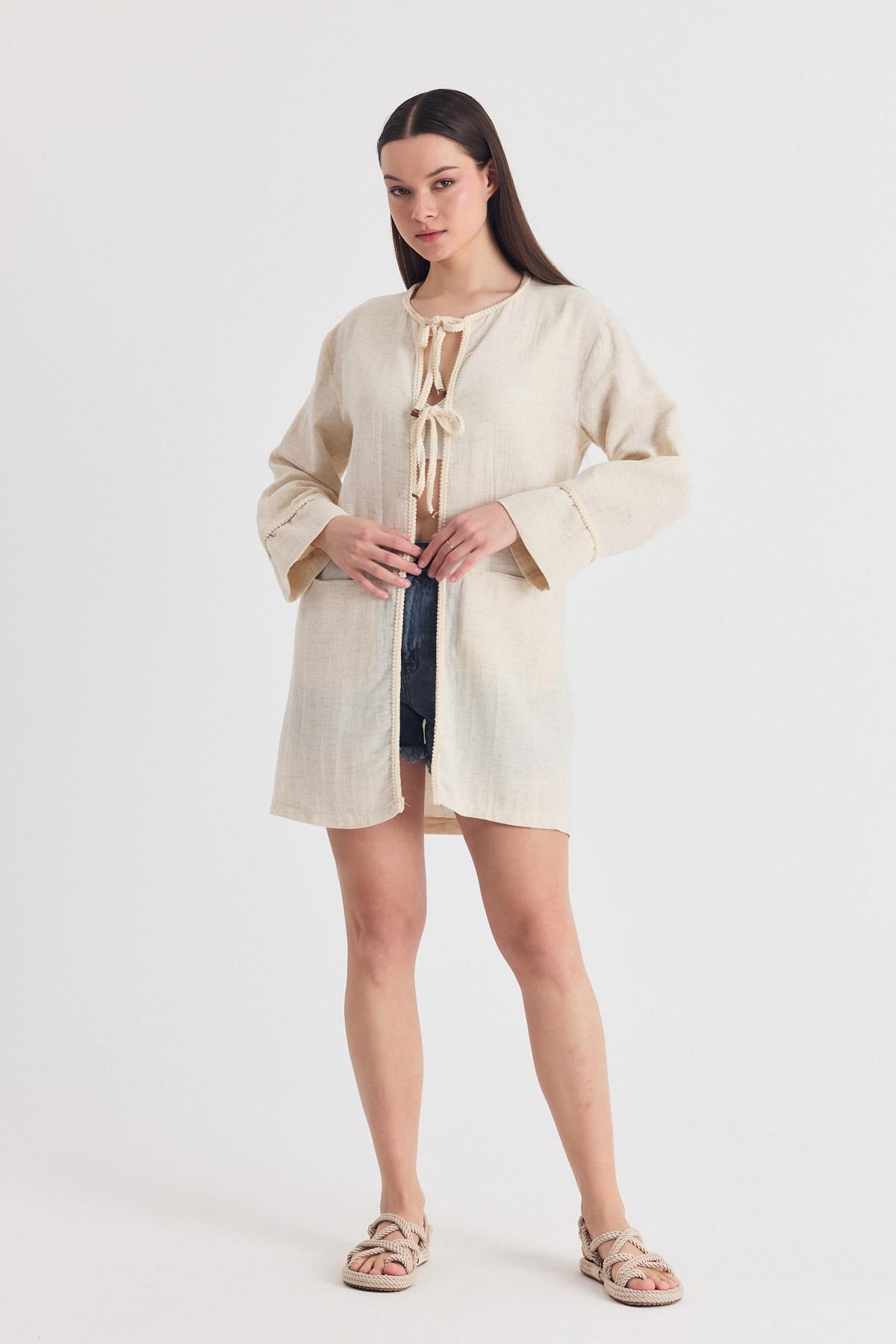 Natural Yaka Örgü Trim Detaylı Bağcıklı Kimono 4411A
