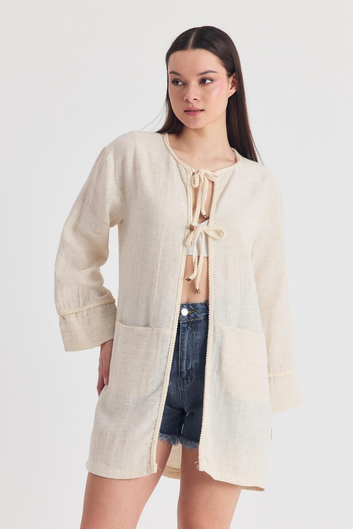 Natural Yaka Örgü Trim Detaylı Bağcıklı Kimono 4411A