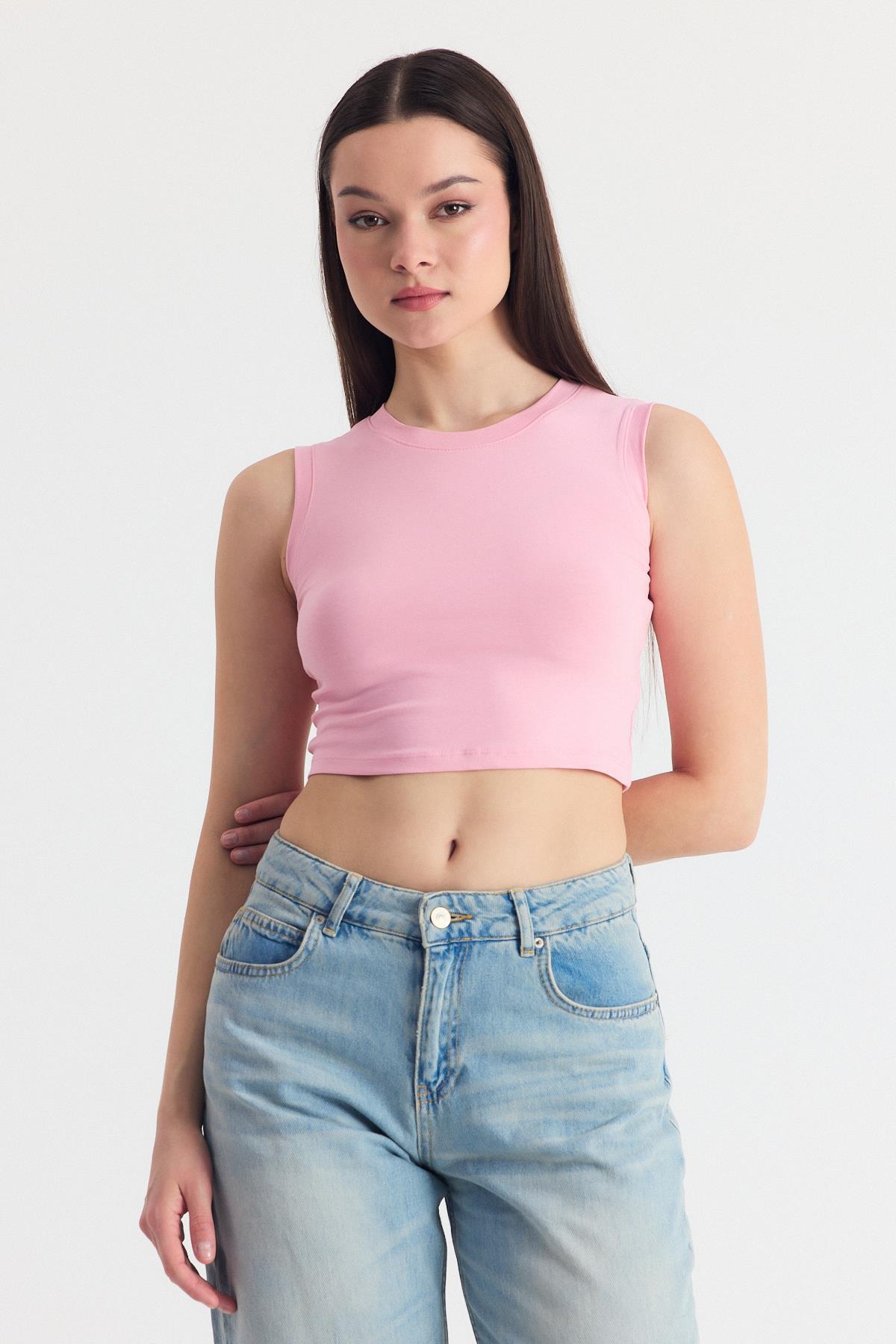 Pembe Kolsuz Bisiklet Yaka Crop Atlet 318