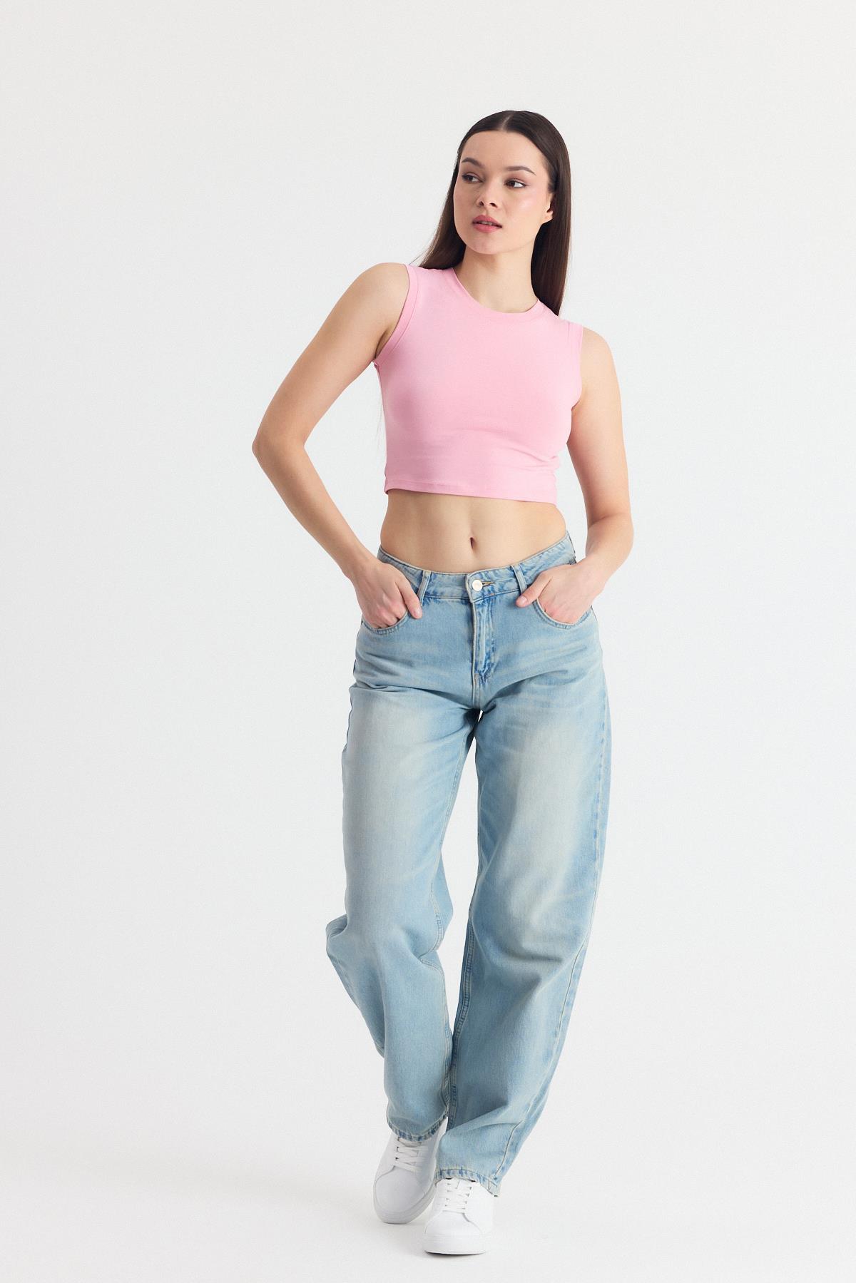 Pembe Kolsuz Bisiklet Yaka Crop Atlet 318