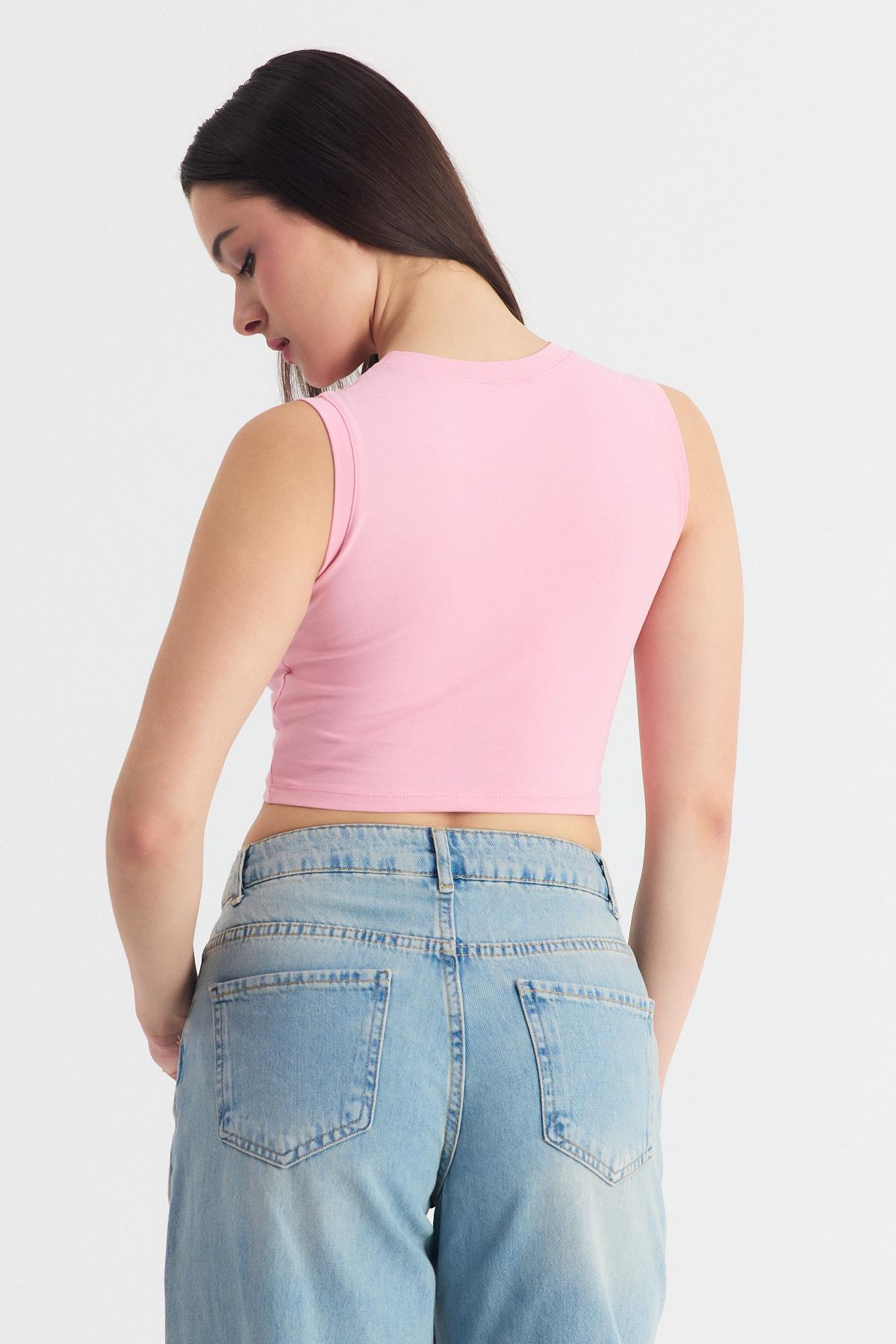 Pembe Kolsuz Bisiklet Yaka Crop Atlet 318