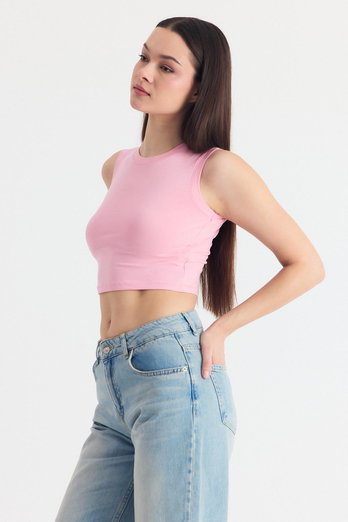 Pembe Kolsuz Bisiklet Yaka Crop Atlet 318