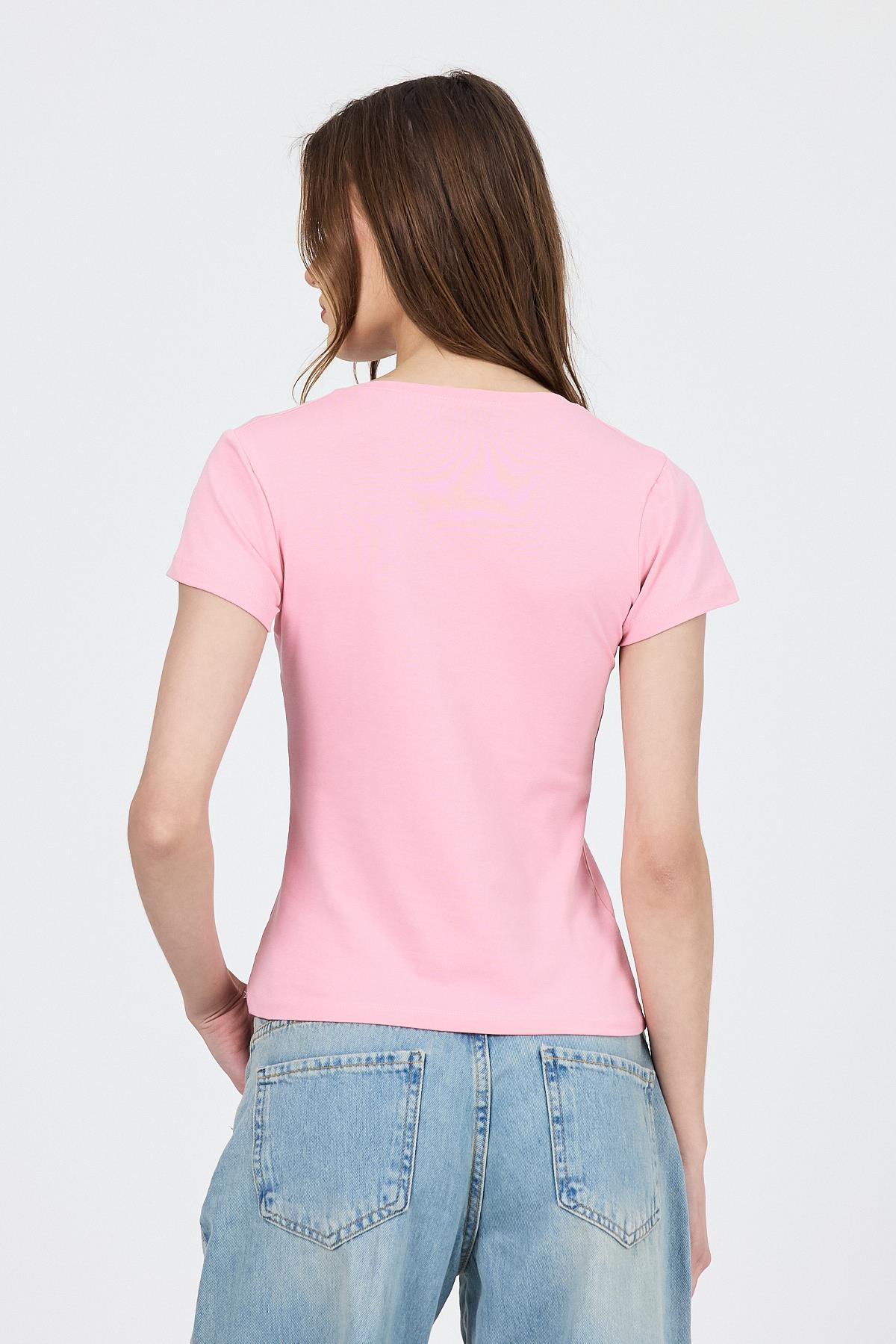 Pembe V Yaka Slim Fit Tişört 2215