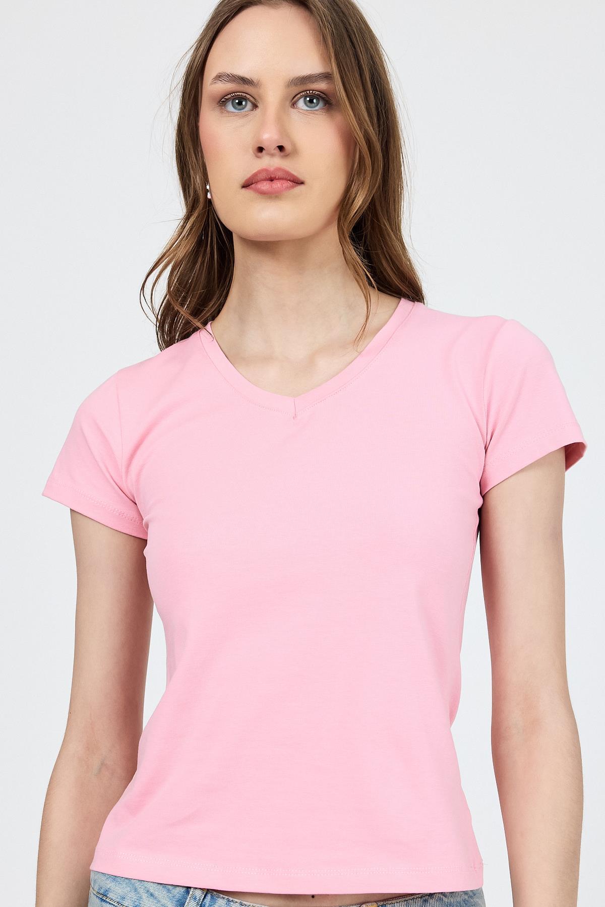 Pembe V Yaka Slim Fit Tişört 2215
