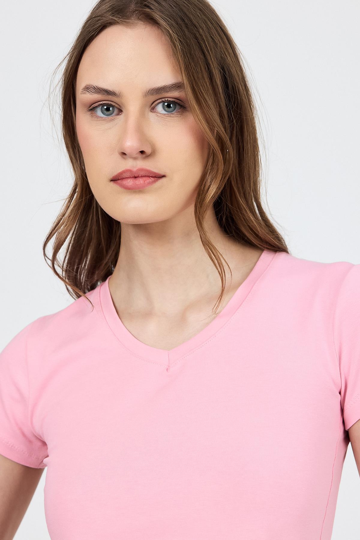 Pembe V Yaka Slim Fit Tişört 2215