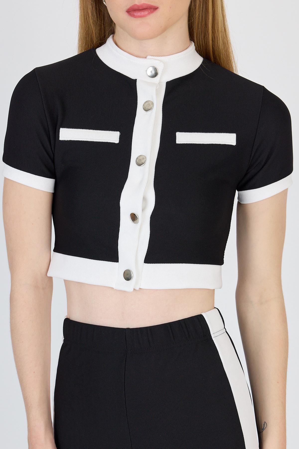Siyah Düğmeli Crop Bluz & Şeritli Palazzo Pantolon Takım 2214