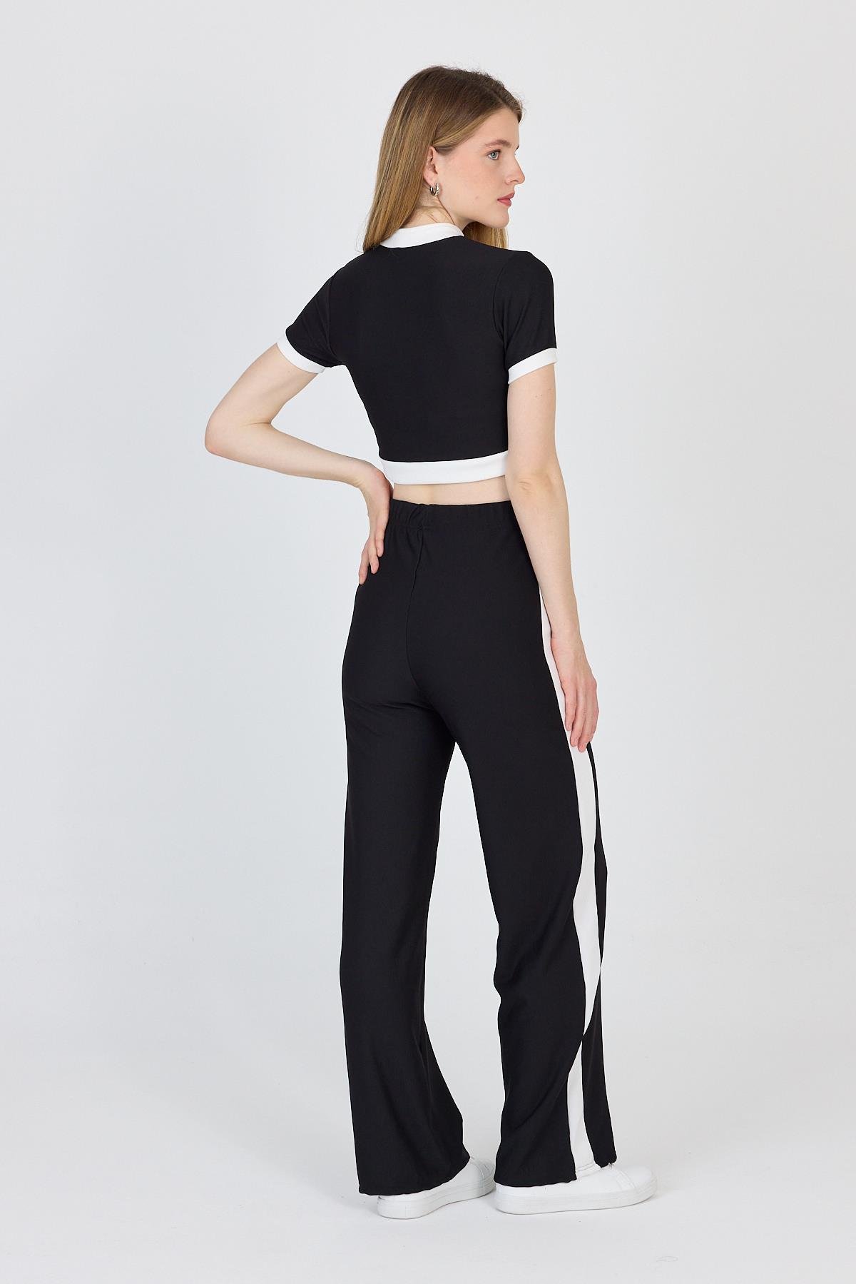 Siyah Düğmeli Crop Bluz & Şeritli Palazzo Pantolon Takım 2214
