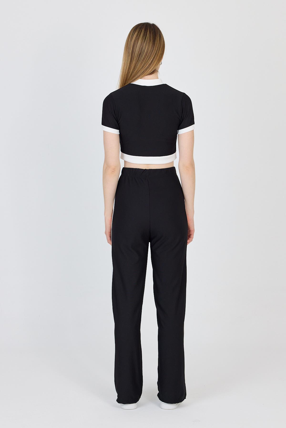 Siyah Düğmeli Crop Bluz & Şeritli Palazzo Pantolon Takım 2214